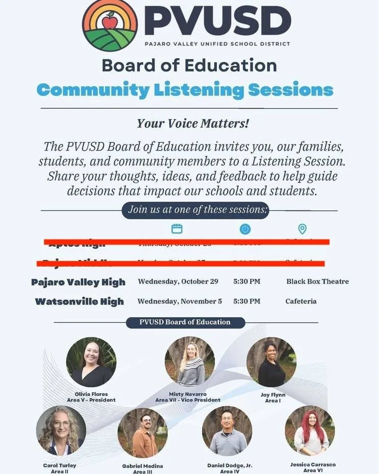 Today's the day! Join the PVUSD Board of Education for a Community Listening Session at Pajaro Valley High at 5:30 PM. Your voice matters! Share your thoughts, ideas, and feedback to help guide decisions that impact our schools and students. We can't