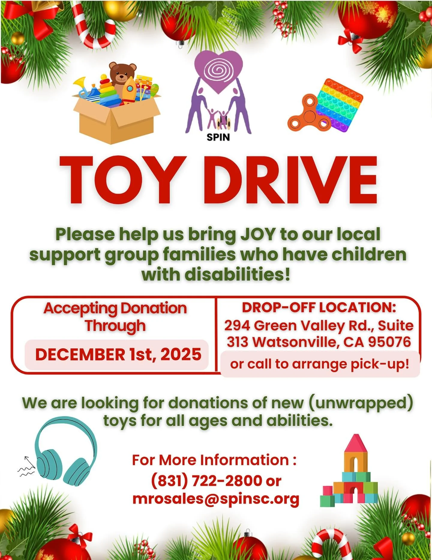 🌟 SPIN Annual Toy Drive 2025: Spreading Joy to Our Local Families! 🌟. Help us bring JOY this holiday season! 🎁 SPIN&rsquo;s Toy Drive is collecting new, unwrapped toys for all ages and abilities to support local families with children with disabil