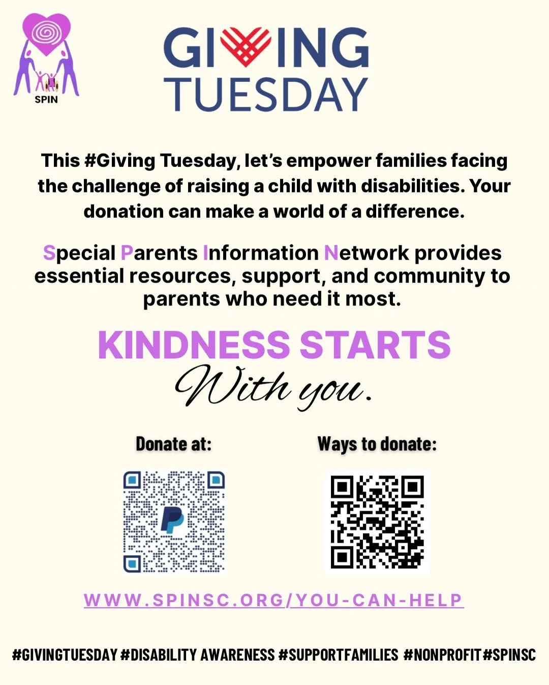 This #GivingTuesday, your support can make a world of difference! 🙏

Let&rsquo;s empower families facing the challenge of raising a child with disabilities. The Special Parents Information Network (SPIN) provides essential resources, support, and co
