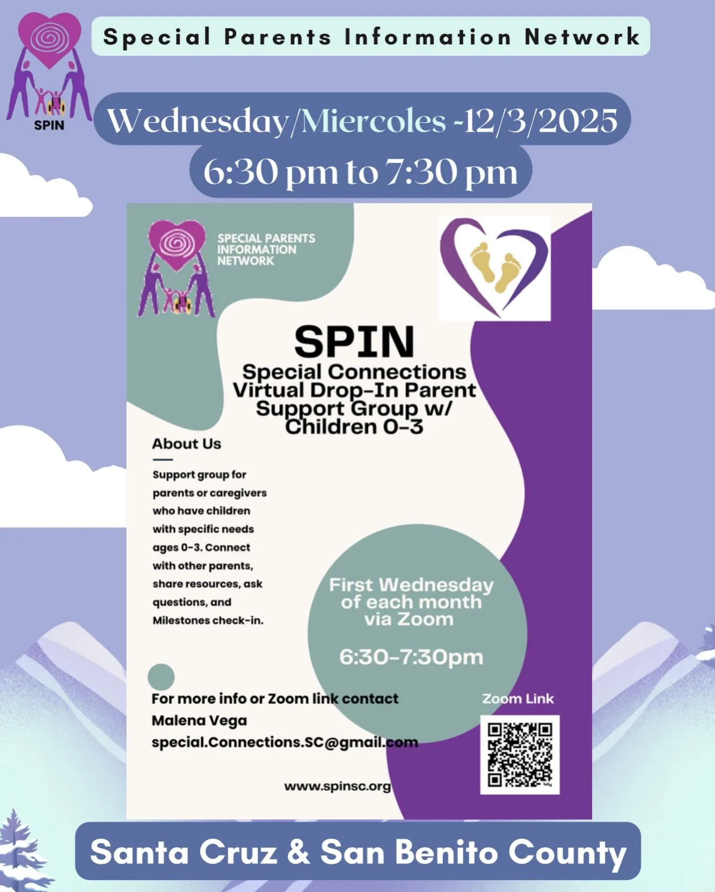 💜 Special Connections Virtual Support Group! 💜

Join SPIN (Special Parents Information Network) for our monthly virtual drop-in support group for parents and caregivers of children ages 0-3 with specific needs.

Connect with other parents, share re
