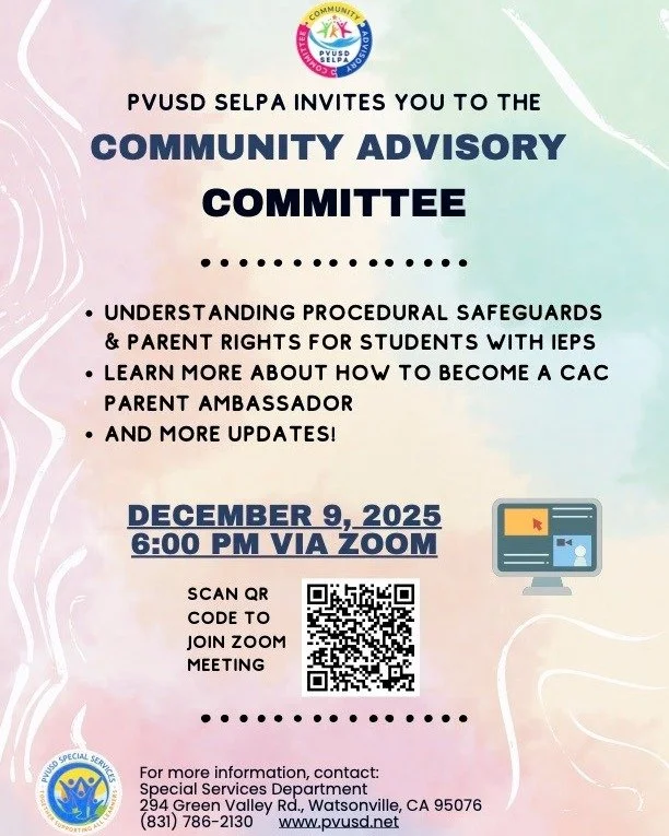 🗓️ TODAY: December 9th Reminder Post
🚨 IMPORTANT REMINDER: CAC MEETING IS TONIGHT! 🚨
➡Join PVUSD SELPA for the Community Advisory Committee (CAC) Meeting tonight, December 9, 2025, at 6:00 PM.
➡Topic: Understanding Procedural Safeguards &amp; Pare