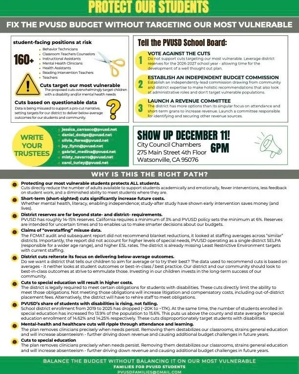 🗓️ TODAY: December 11th Reminder Post
📢 SHOW UP TONIGHT! VOTE AGAINST THE CUTS! 📢
➡The critical PVUSD School Board meeting is TONIGHT, December 11th, at 6:00 PM!
➡Tell the PVUSD School Board: VOTE AGAINST THE CUTS that target our most vulnerable s