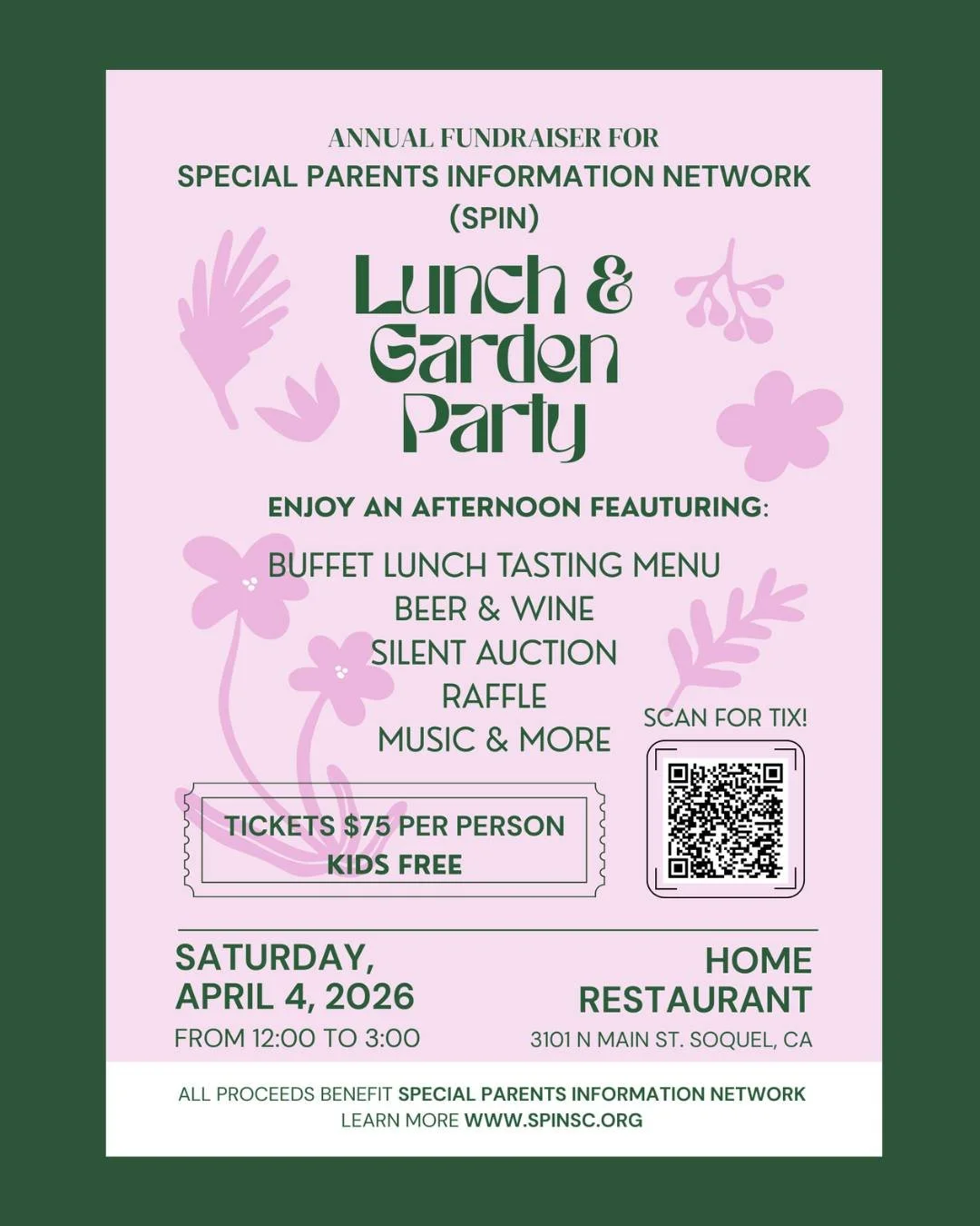 🌸🌸Mark your calendars! 🌸🌸
🌸 Our Annual Lunch &amp; Garden Party is back on April 4th at Home Restaurant. Join us for a beautiful afternoon of food, music, and community. Best of all? All proceeds benefit SPIN, supporting families of children wit