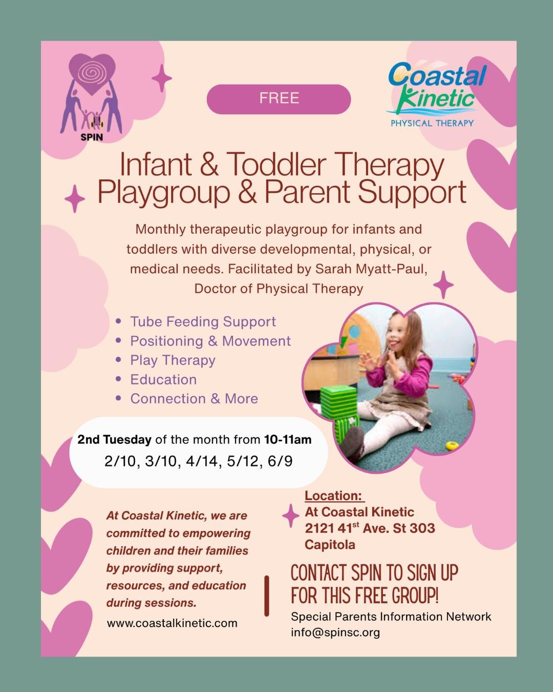 💜💜 Looking for a supportive community for your little one?
 
💜 Join us at Coastal Kinetic for our FREE Infant &amp; Toddler Therapy Playgroup! Facilitated by Sarah Myatt-Paul, DPT
➡This monthly group is designed for children with diverse developme