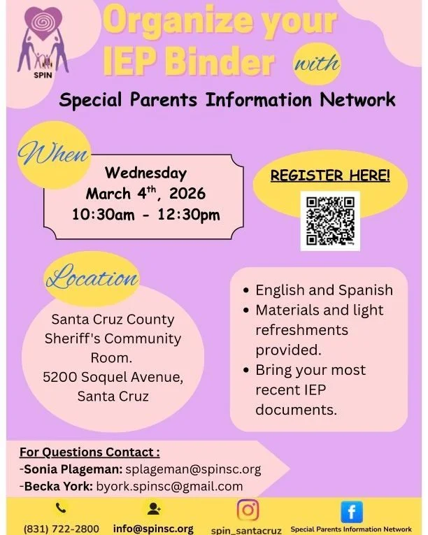📄 Tired of searching through piles of paperwork? 📄 
Join SPIN on March 4th to finally get your child&rsquo;s IEP binder organized! Materials and snacks provided. 📎✨
Scan QR code on flyer or follow link to register: https://docs.google.com/forms/d/