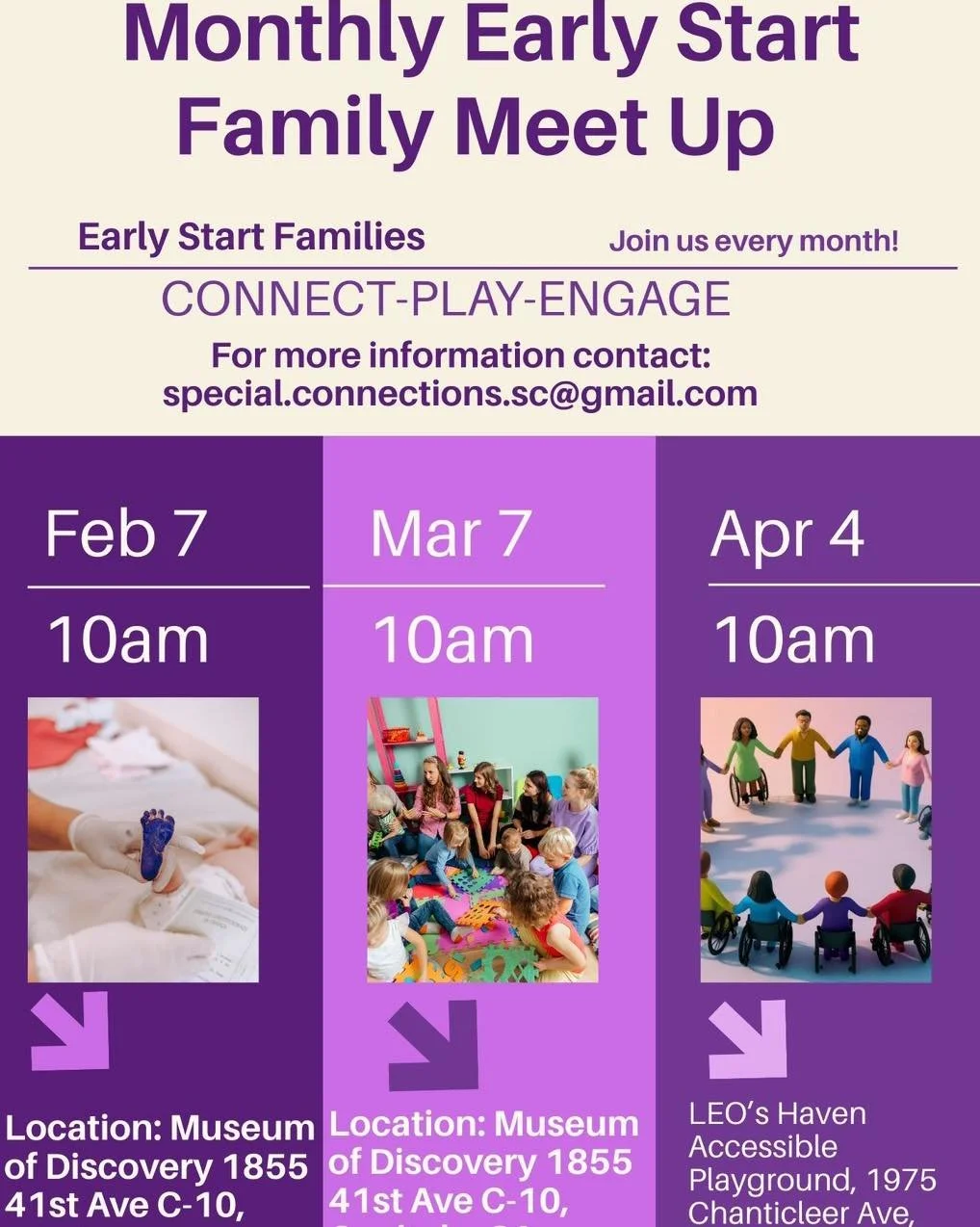 🌟 Big News: Monthly Early Start Family Meet Ups! 🌟
Calling all Early Start Families! Looking to connect, play, and engage with others in our community? Join us for our brand-new monthly meet-up series!

Our very first gathering is happening THIS SA