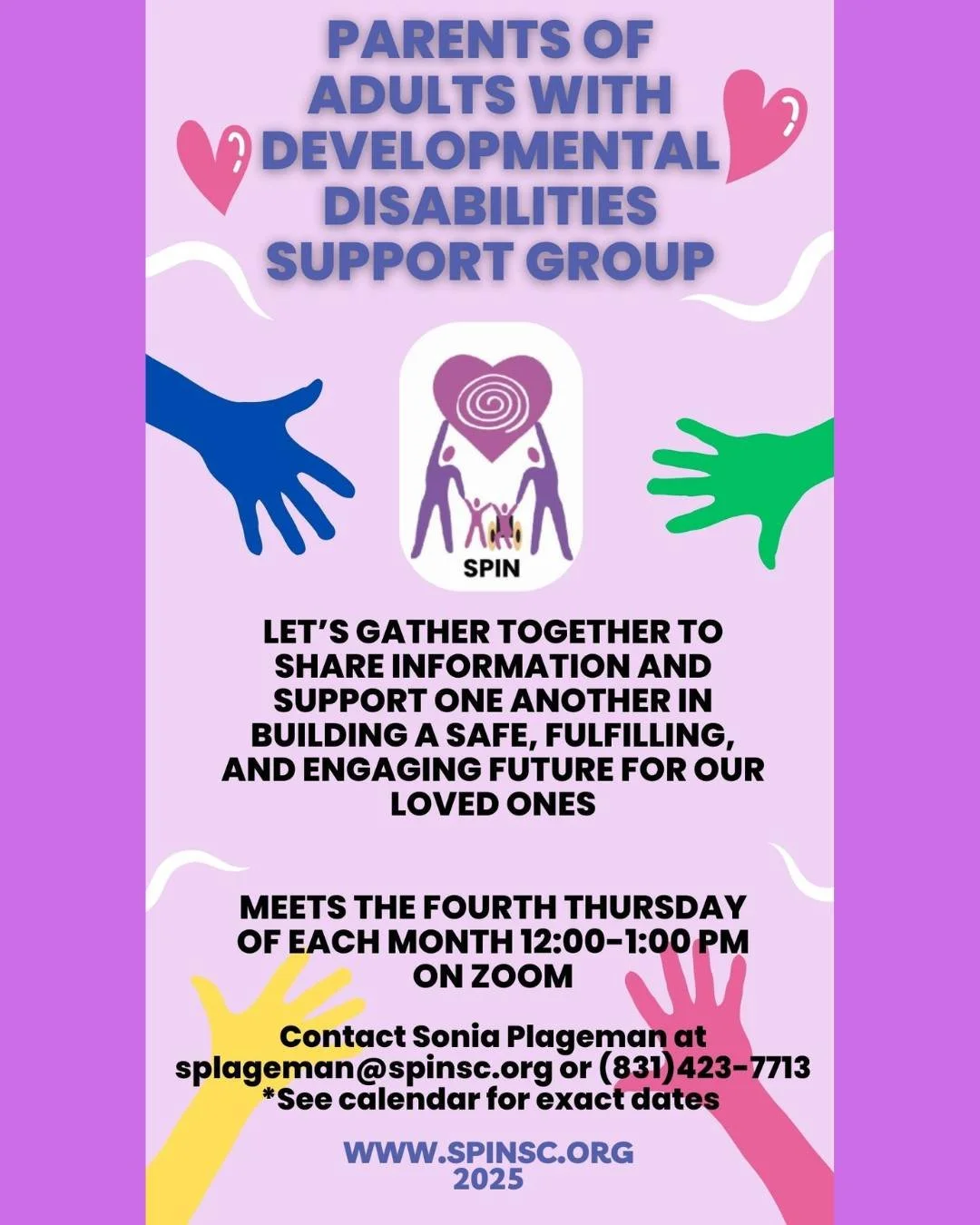 📢 TODAY / HOY

Friendly reminder! Join us TODAY for our Support Group for Parents of Adults with Developmental Disabilities. Let&rsquo;s gather to share information and support one another in building a safe, fulfilling future for our loved ones.

&