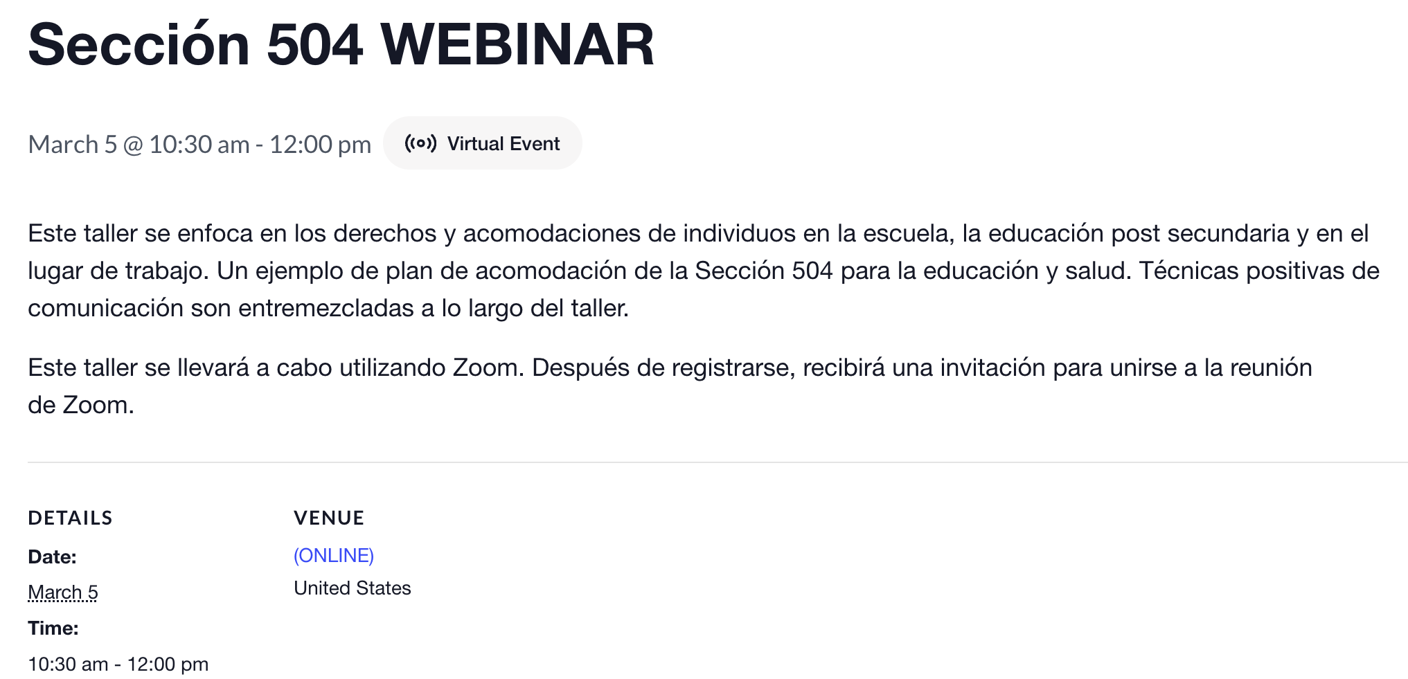 Sección 504 WEBINAR - via zoom