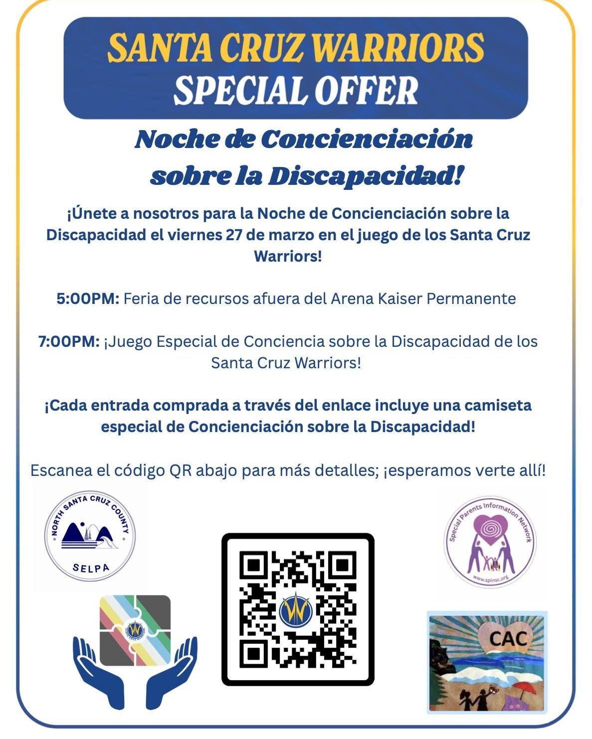 3 MORE DAYS TO GO! ⏳ Don't miss out on the Santa Cruz Warriors Disability Awareness Night.
📍 Kaiser Permanente Arena
🗓️ Friday, March 27th
🕔 5:00 PM Fair | 7:00 PM Tip-off

Scan the code now follow the link for
more details: https://www.gofevo.com