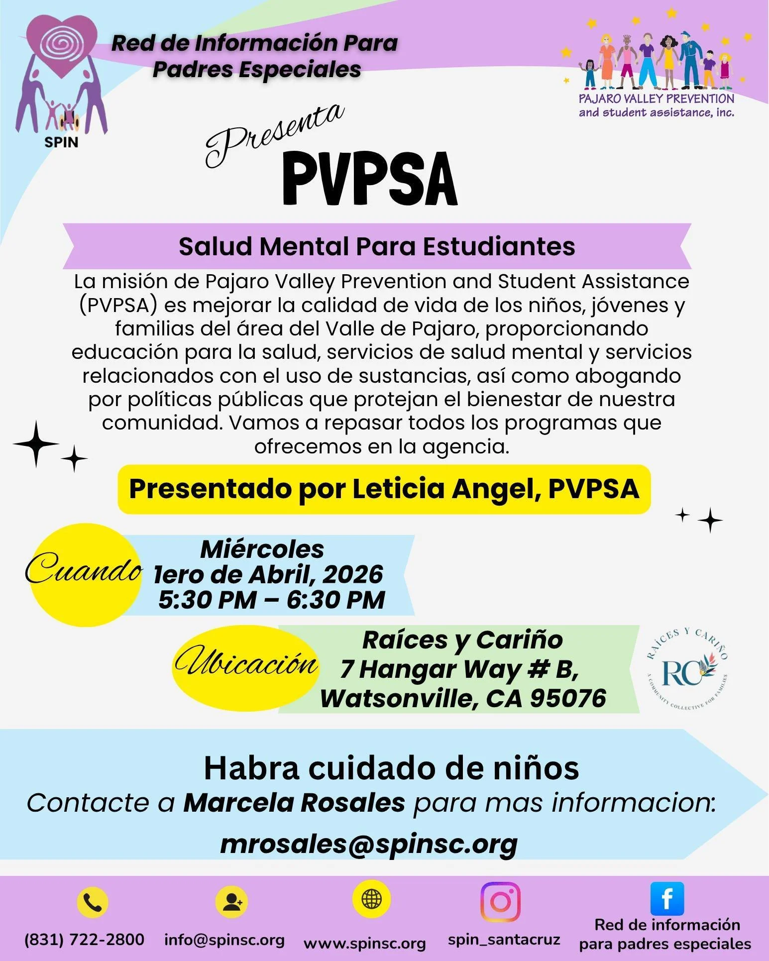 &iexcl;La salud mental de nuestros estudiantes es prioridad! 🧠✨

Falta solo una semana para nuestra charla especial con Leticia Angel de PVPSA, donde exploraremos todos los programas y servicios gratuitos que ofrece la agencia para mejorar la calida
