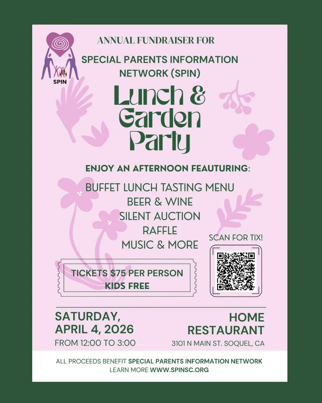 ⏳ The countdown is on! 

In just 3 days, we&rsquo;ll be enjoying the beautiful garden at HOME Restaurant. This is your final chance to get tickets for the SPIN Annual Fundraiser!

Remember, KIDS ARE FREE, so bring the whole family for lunch, music, a