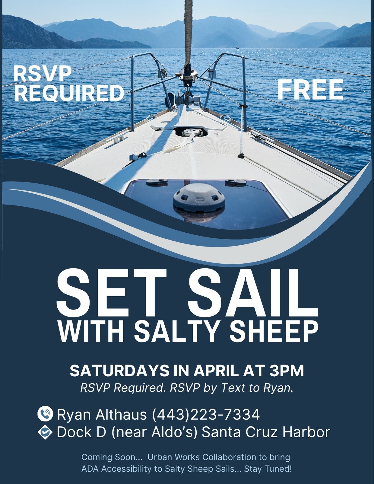 Set Sail with Salty Sheep! ⛵️
Looking for a peaceful afternoon on the water? Join the community and set sail with Salty Sheep this month! These free community sails are a wonderful way to enjoy the beauty of the Santa Cruz Harbor. 

When: Every Satur