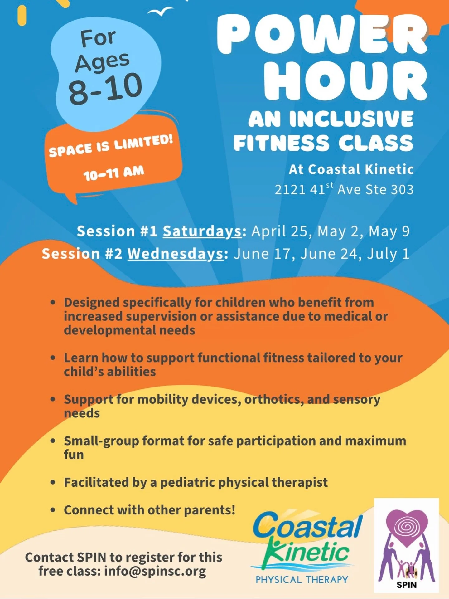 Free class alert!  SPIN has partnered with Coastal Kinetic Physical Therapy to offer free classes for 8-10 (ish) year olds with physical and/or developmental needs!  Our Spring session starts THIS Saturday 10-11am!  Summer session will be on Wednesda