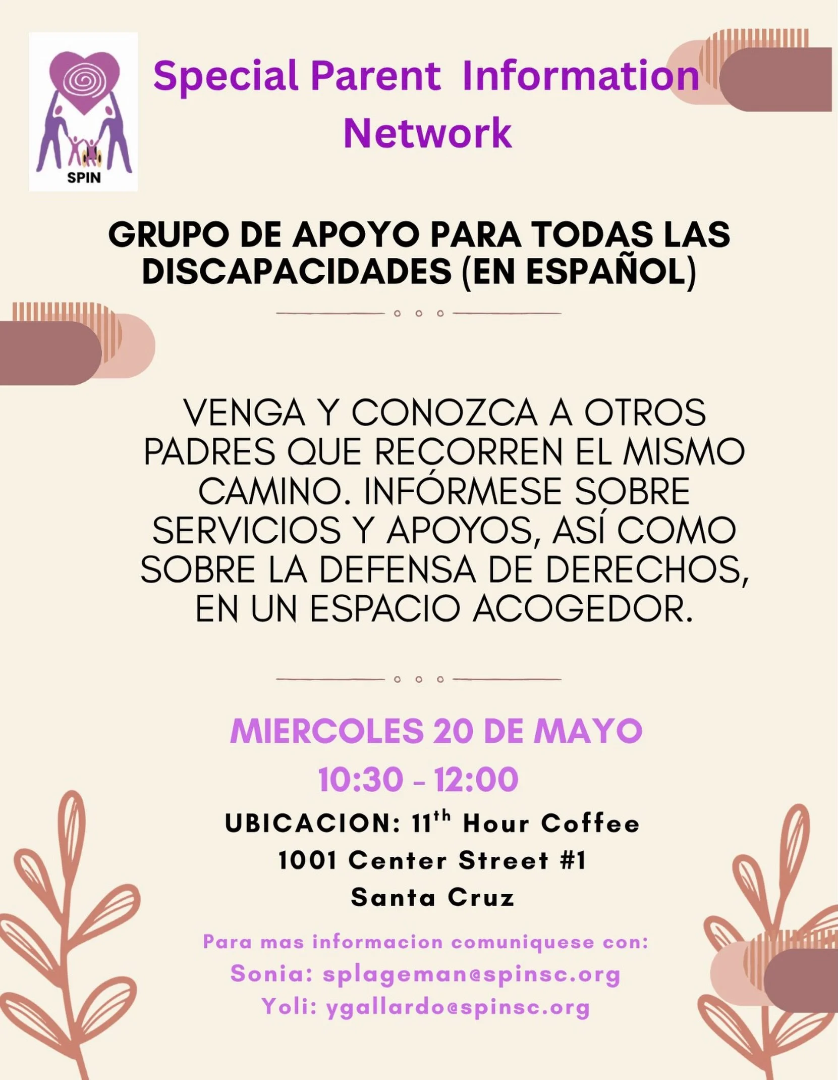 Grupo de Apoyo para Todas las Discapacidades
Venga y conozca a otros padres que recorren el mismo camino. Inf&oacute;rmese sobre servicios y apoyos, as&iacute; como sobre la defensa de derechos, en un espacio acogedor.
 &bull; Fecha: Mi&eacute;rcoles