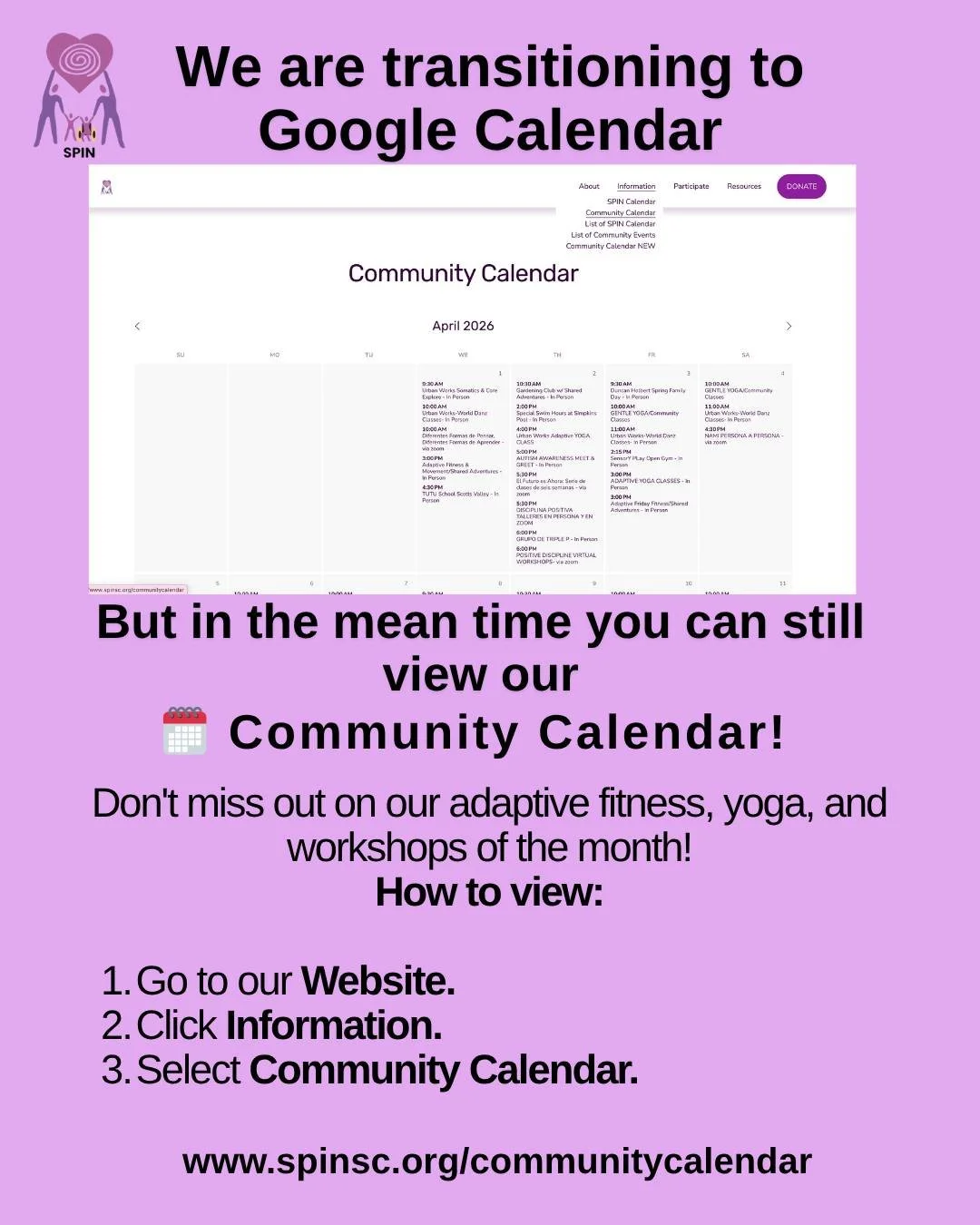 Exciting news! SPIN is moving to Google Calendar soon! 🚀 In the meantime, our Community Calendar is still live on our site. Check out our upcoming yoga and adaptive fitness sessions today!

🔗 View here: www.spinsc.org/communitycalendar

***********