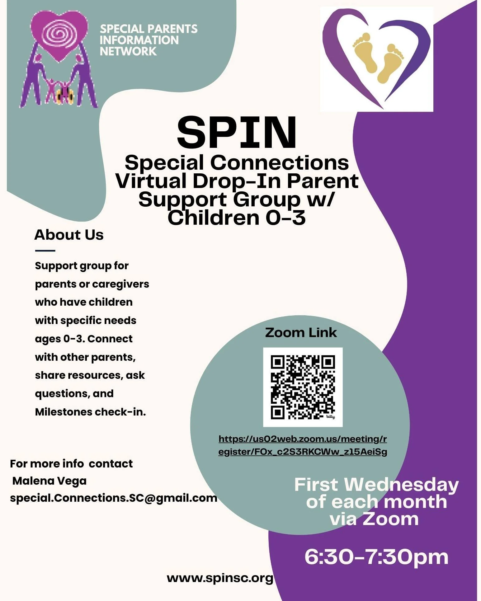 See You Tonight! 🗓️
Join us for our Special Connections Virtual Drop-In Parent Support Group happening today! This group is specifically for parents and caregivers of children with specific needs, ages 0-3.

Event Details
When: Tonight, the first We