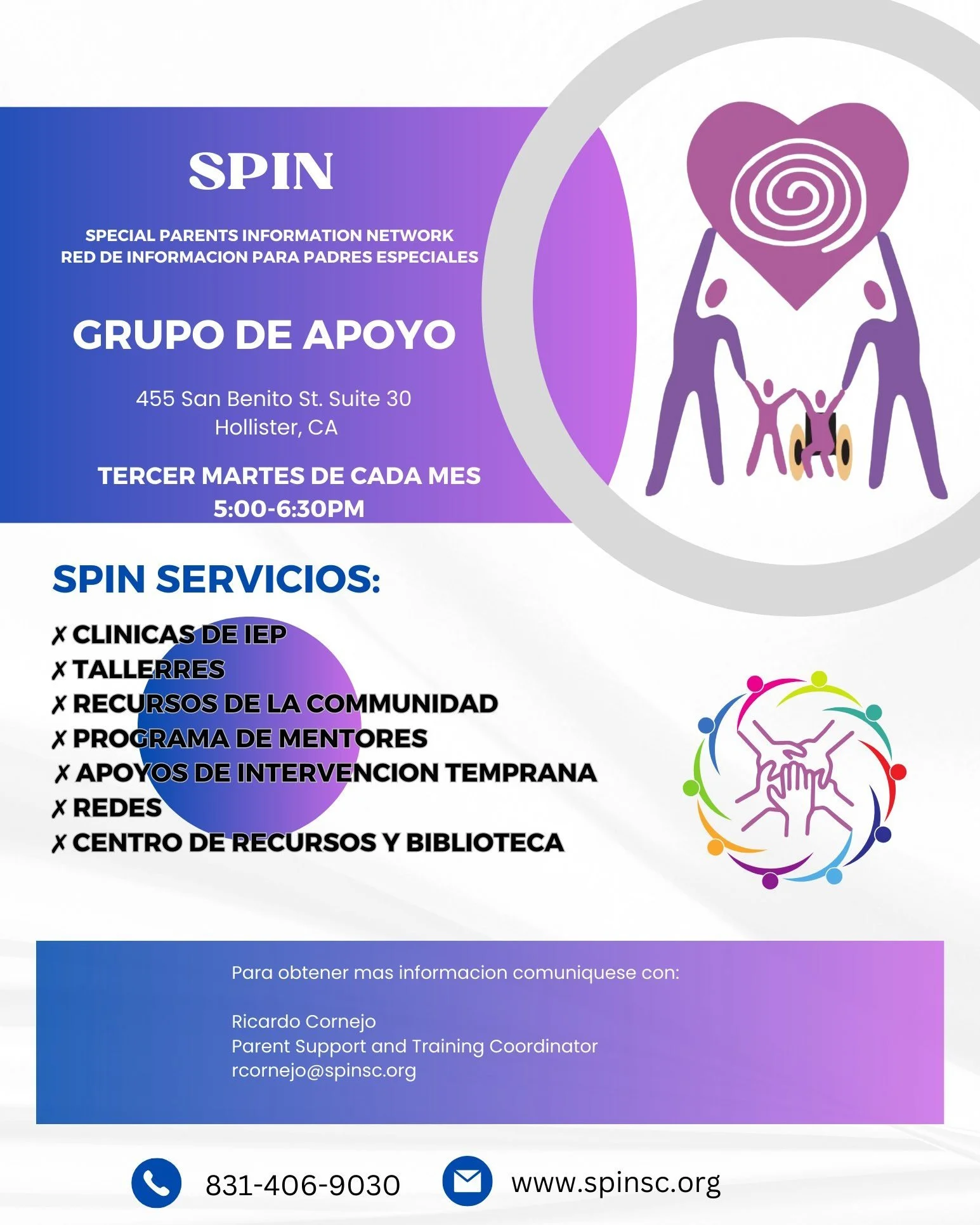🗓️ &iexcl;Ma&ntilde;ana en Hollister! Grupo de Apoyo para Padres
&iquest;Busca un espacio seguro para conectar, compartir experiencias y encontrar recursos? SPIN le invita cordialmente a nuestra reuni&oacute;n mensual.

📅 Detalles del Evento:
Cu&aa