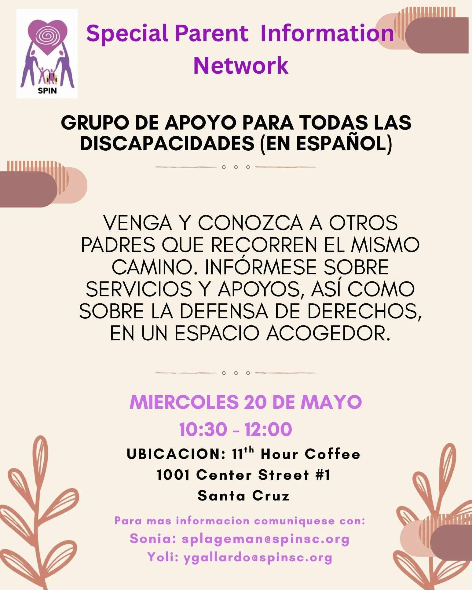 🗓️ &iexcl;Ma&ntilde;ana! Grupo de Apoyo para Todas las Discapacidades
La Red de Informaci&oacute;n para Padres Especiales (SPIN) te invita a conectar con familias que recorren el mismo camino. Ven a informarte sobre servicios, apoyos y la defensa de