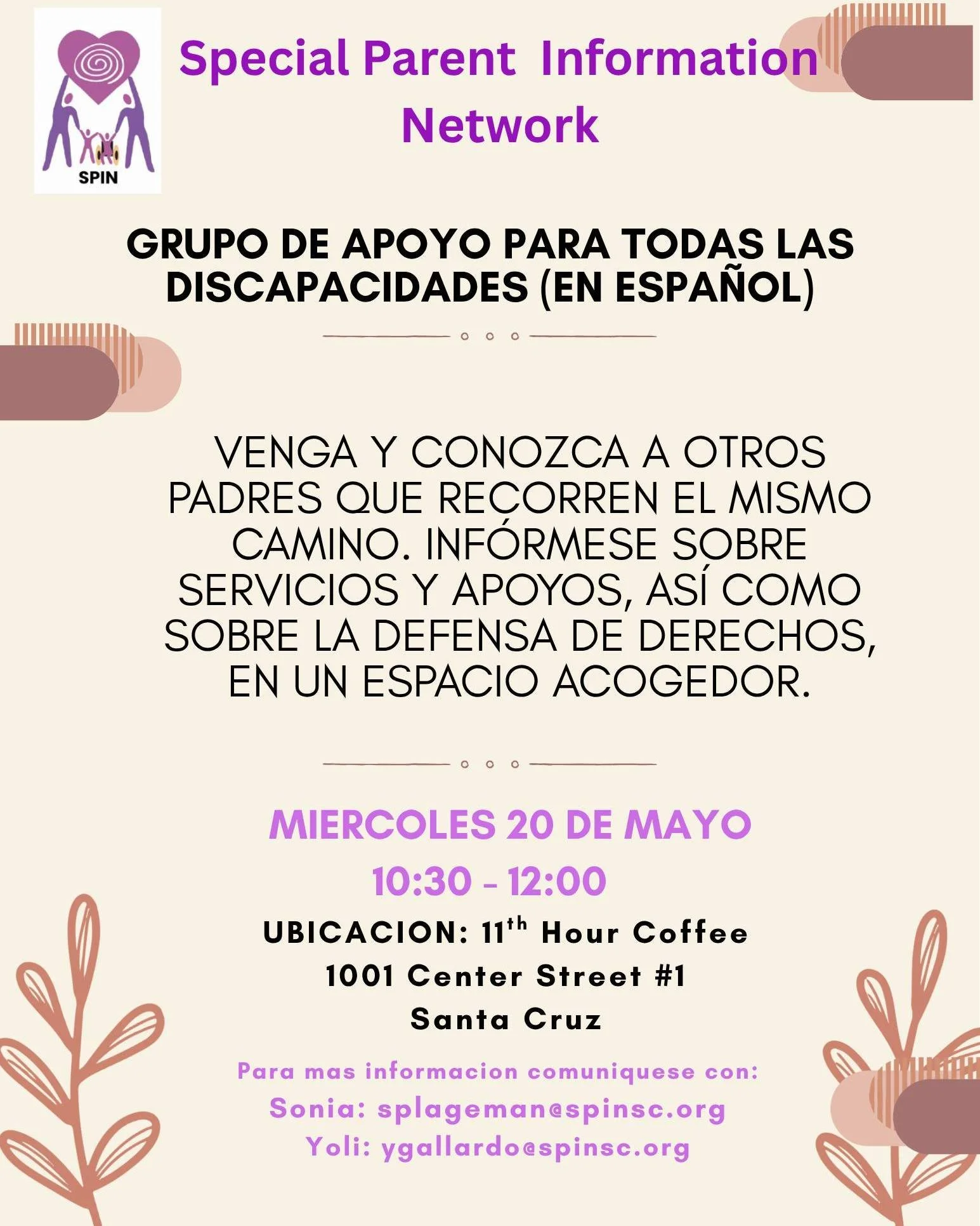 🗓️ &iexcl;Hoy! Grupo de Apoyo para Todas las Discapacidades
Acompa&ntilde;a a la Red de Informaci&oacute;n para Padres Especiales (SPIN) en esta reuni&oacute;n en espa&ntilde;ol. Ven a platicar, inf&oacute;rmate sobre servicios y apoyos disponibles,