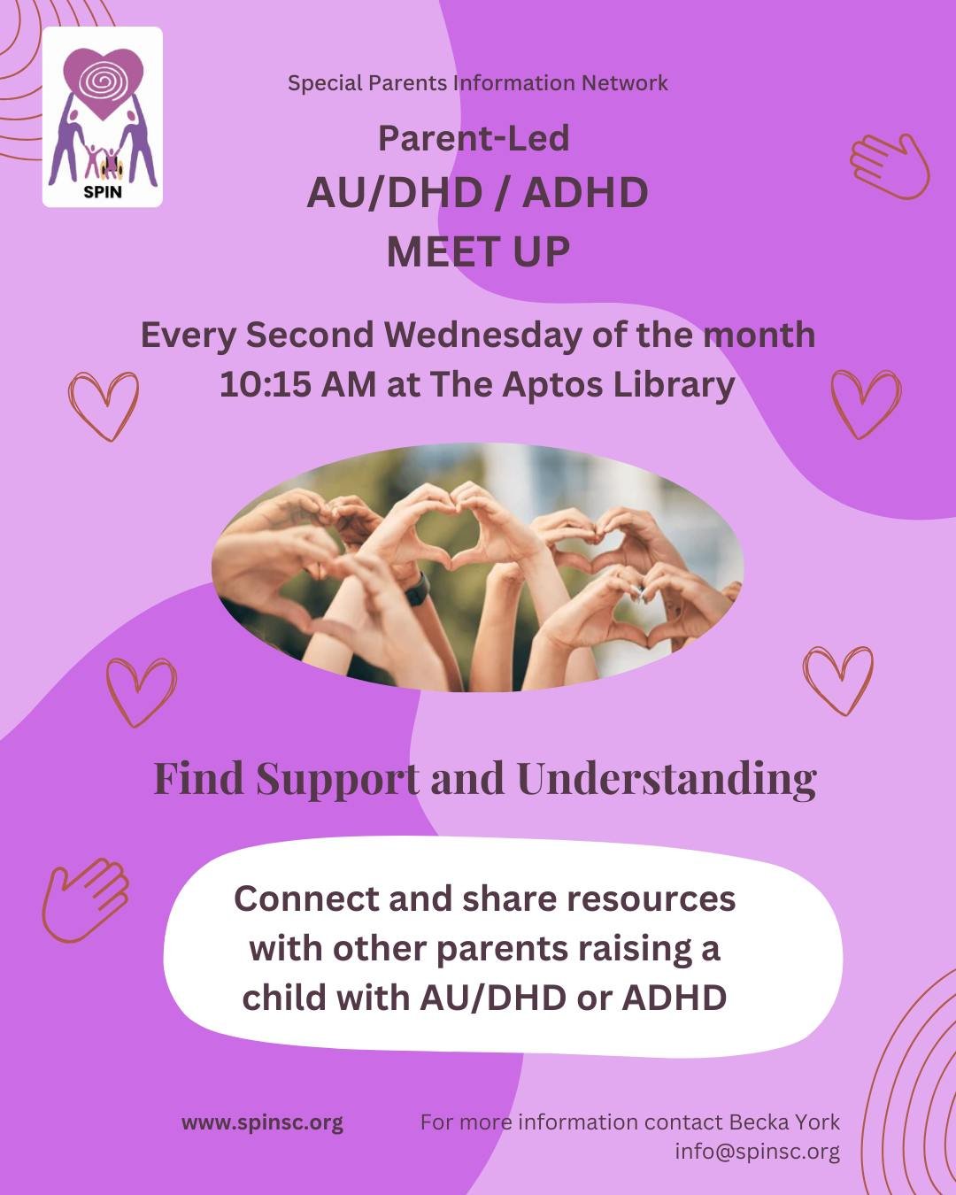 Today is the day! We hope to see you at the Parent-Led AU/DHD / ADHD Meet Up hosted by the Special Parents Information Network (SPIN).

Find support and understanding while connecting with other parents raising children with AU/DHD or ADHD.

📍 Event