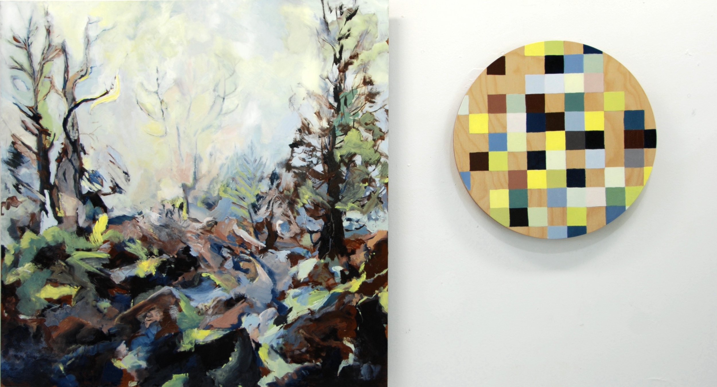 Burnett_Penny_ Pine Lake in brilliant yellow, paynes grey and mars brown_ 2021_oil on masonite and ply.jpg