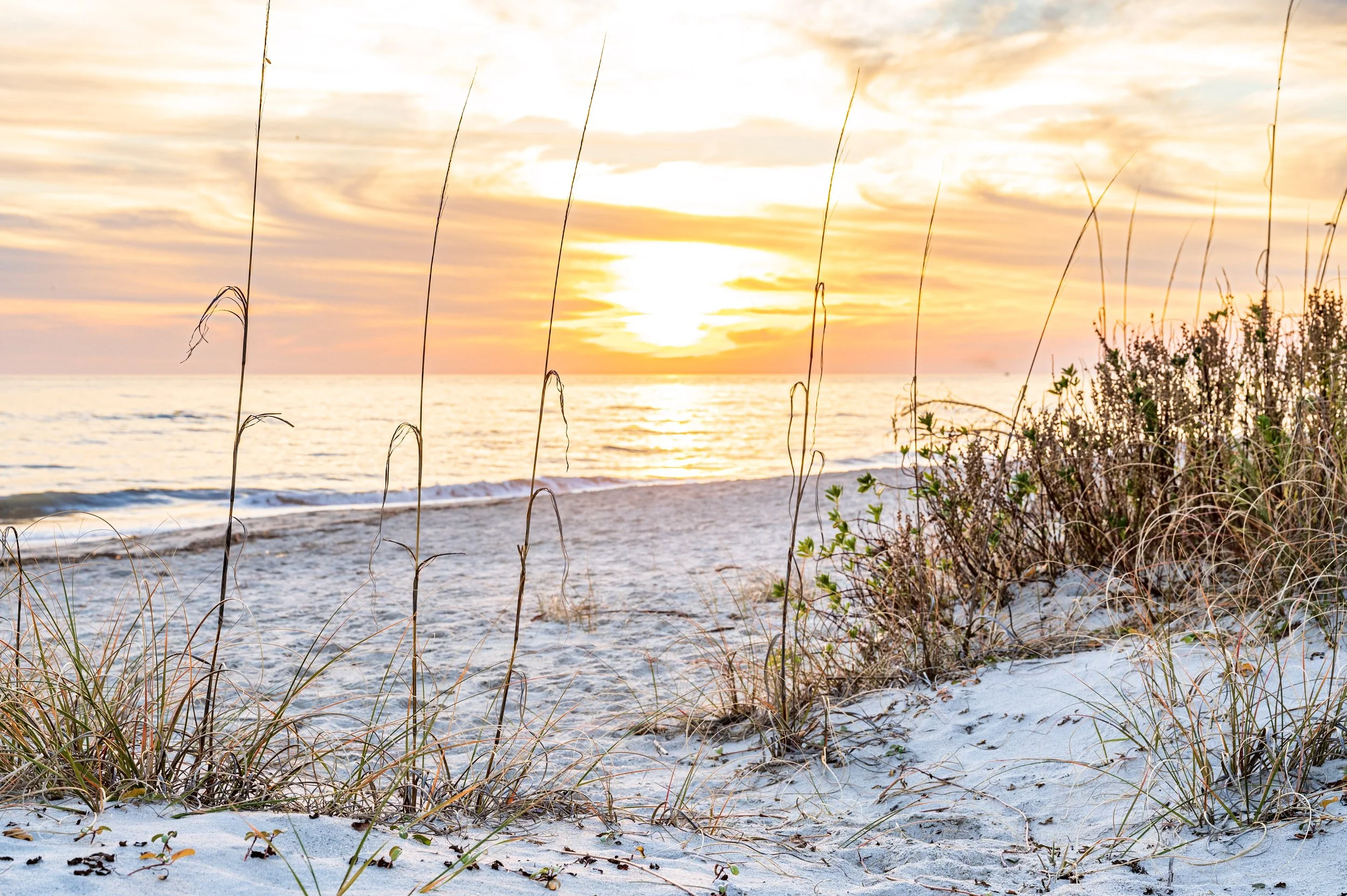 Sunset over Caswell Beach with sea oats, sand dunes, and the Atlantic Ocean along Oak Island, North Carolina.
