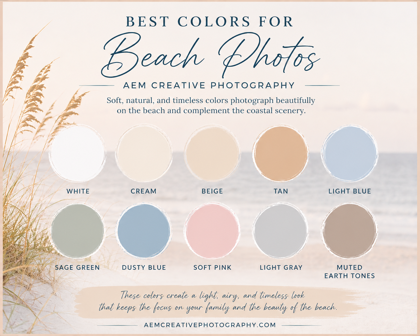 Beach color palette guide for family photography featuring soft coastal outfit colors