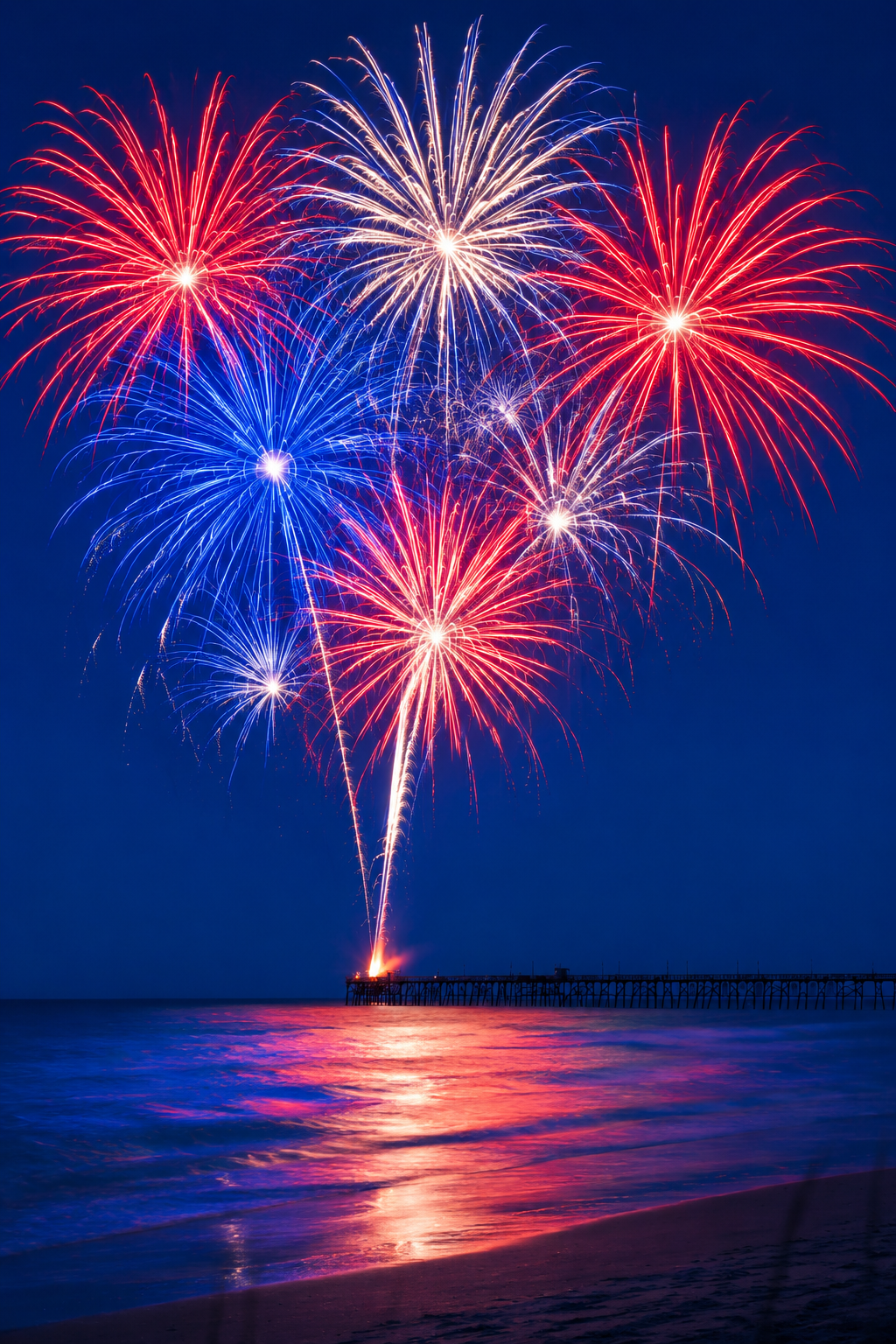 Red, white, and blue fireworks burst over the Oak Island Pier during the Fourth of July celebration on the North Carolina coast.