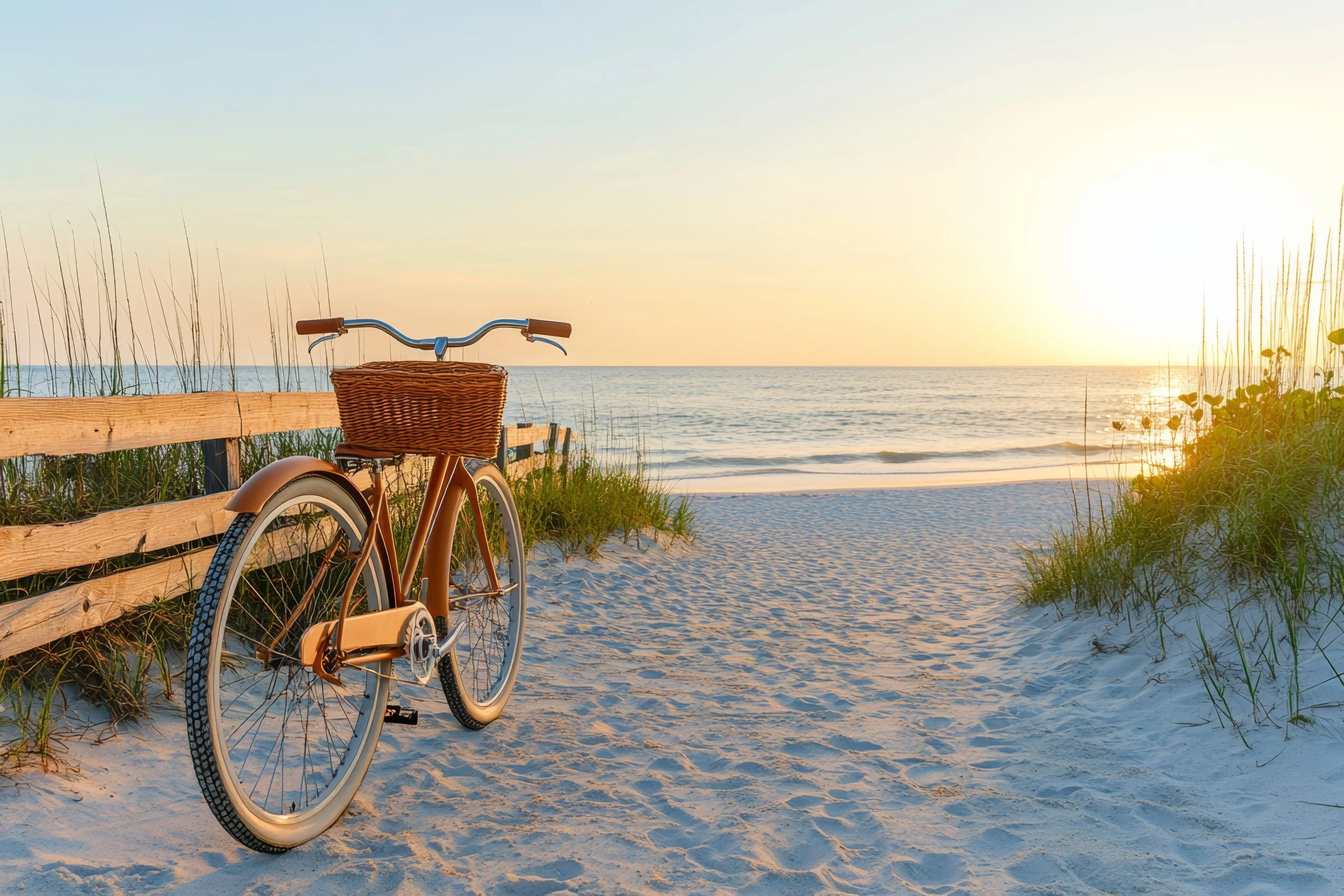 Beach cruiser bicycle parked near a beach access at sunrise on Oak Island, North Carolina.
