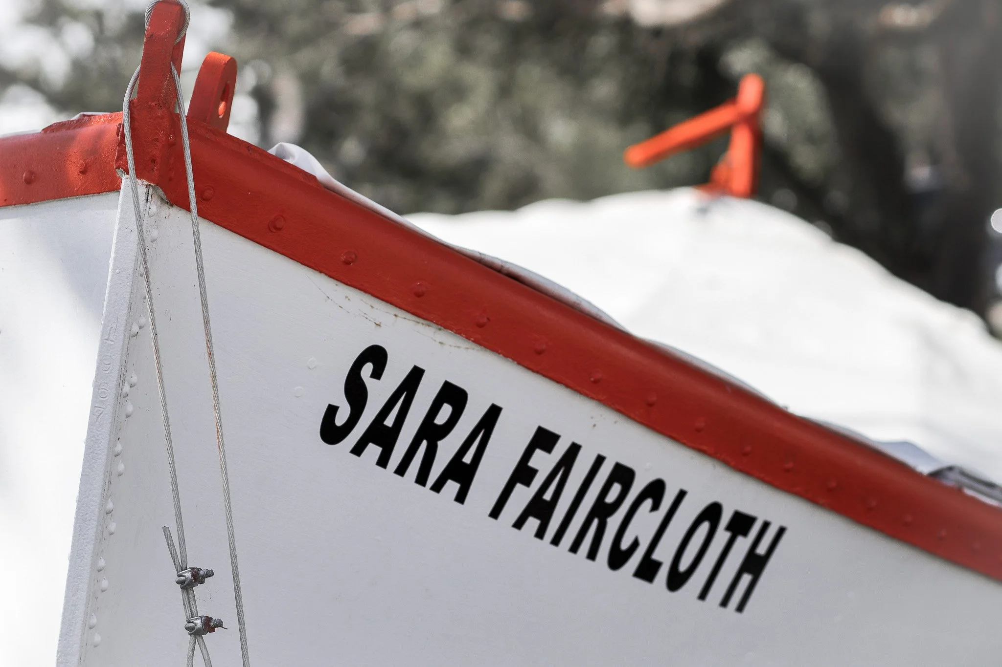Historic wooden lifeboat named Sara Faircloth on display at the North Carolina Maritime Museum in Southport.