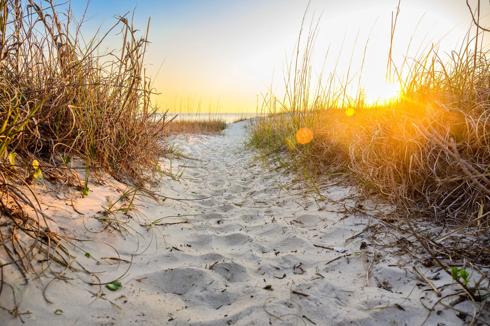 Sandy path through sea oats and coastal dunes leading to the beach at The Point on Oak Island, North Carolina during sunrise.