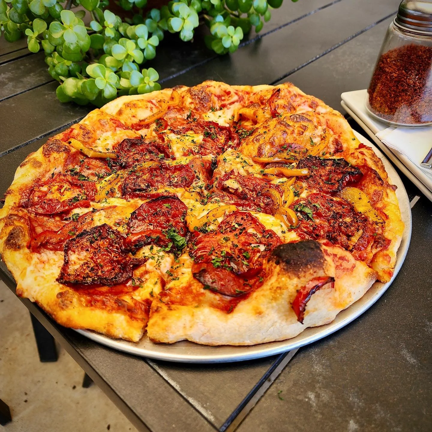 ✨The Pink Flamenco✨
Mozzarella cheese, oven roasted tomatoes, Spanish chorizo, charred peppers, and topped with parsley! Years ago a fatigued and bleary-eyed Alex swears he saw a flamenco guitarist in a pink shirt standing on one leg and since has be