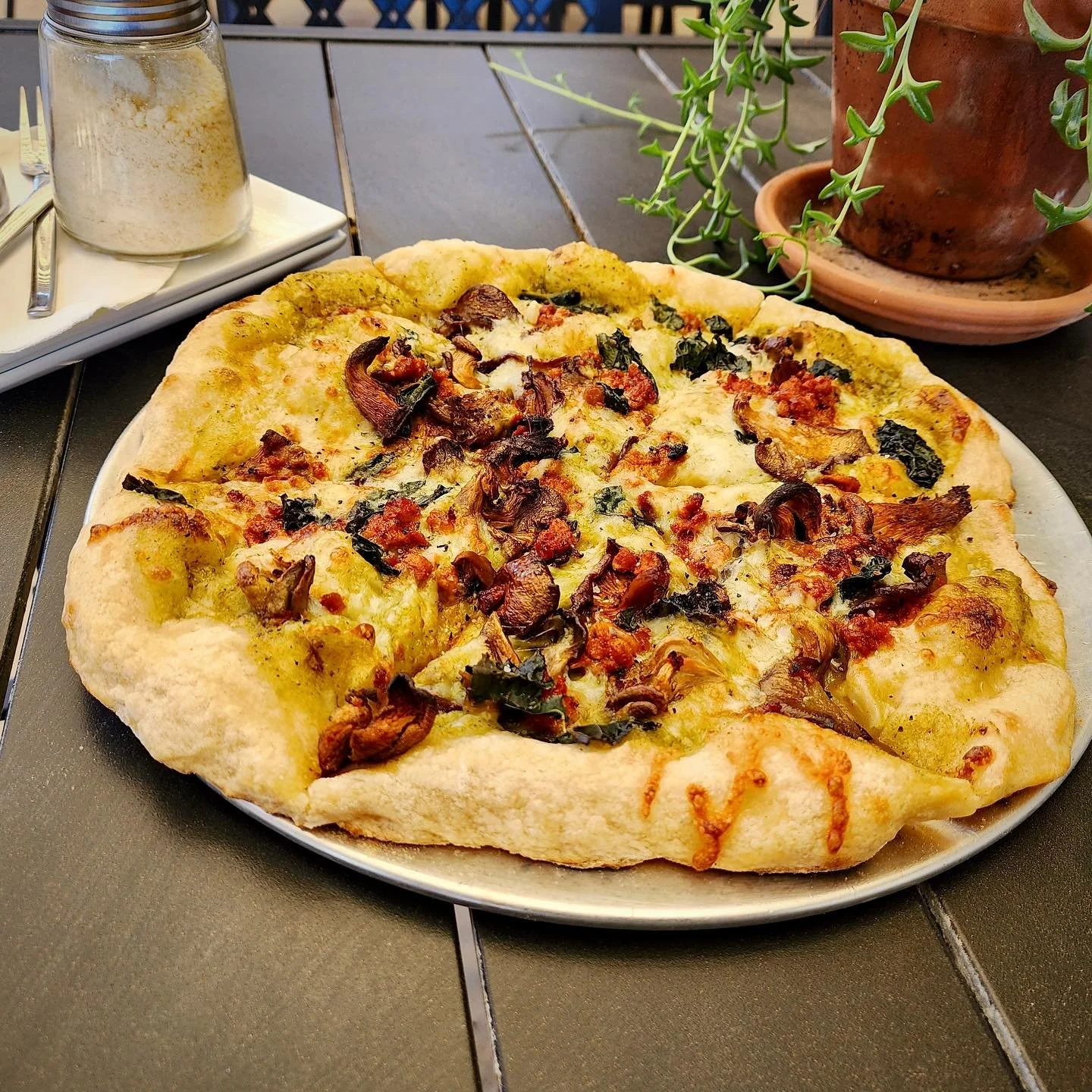 ✨Autumn Goddess Pizza✨
Green goddess sauce, topped with quesadilla and Oaxaca cheeses, soy chorizo, kale and a mixture of chanterelle and oyster mushrooms. This week come &ldquo;fall&rdquo; for our Autumn Goddess Pizza because this time of year is ab