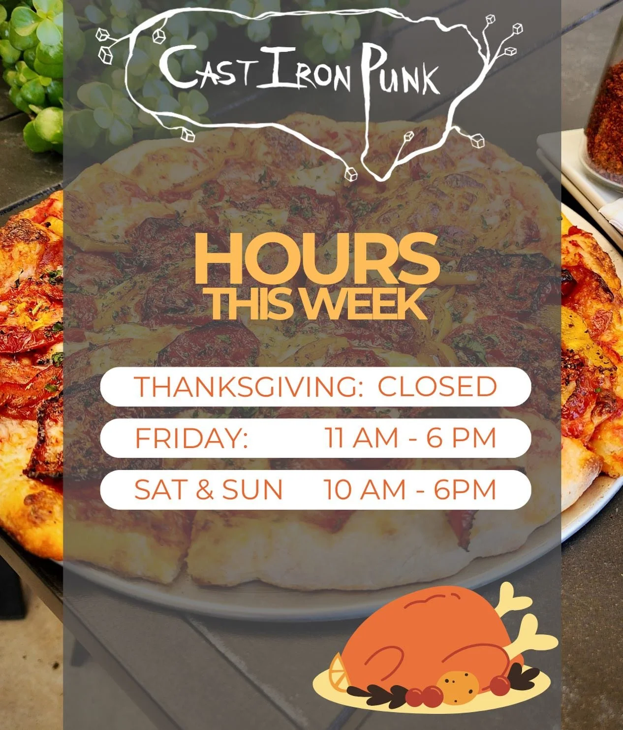 We will be closed Thursday for the holiday! We will be back to our regular hours starting Friday 11/28. Happy Thanksgiving everyone 🍁