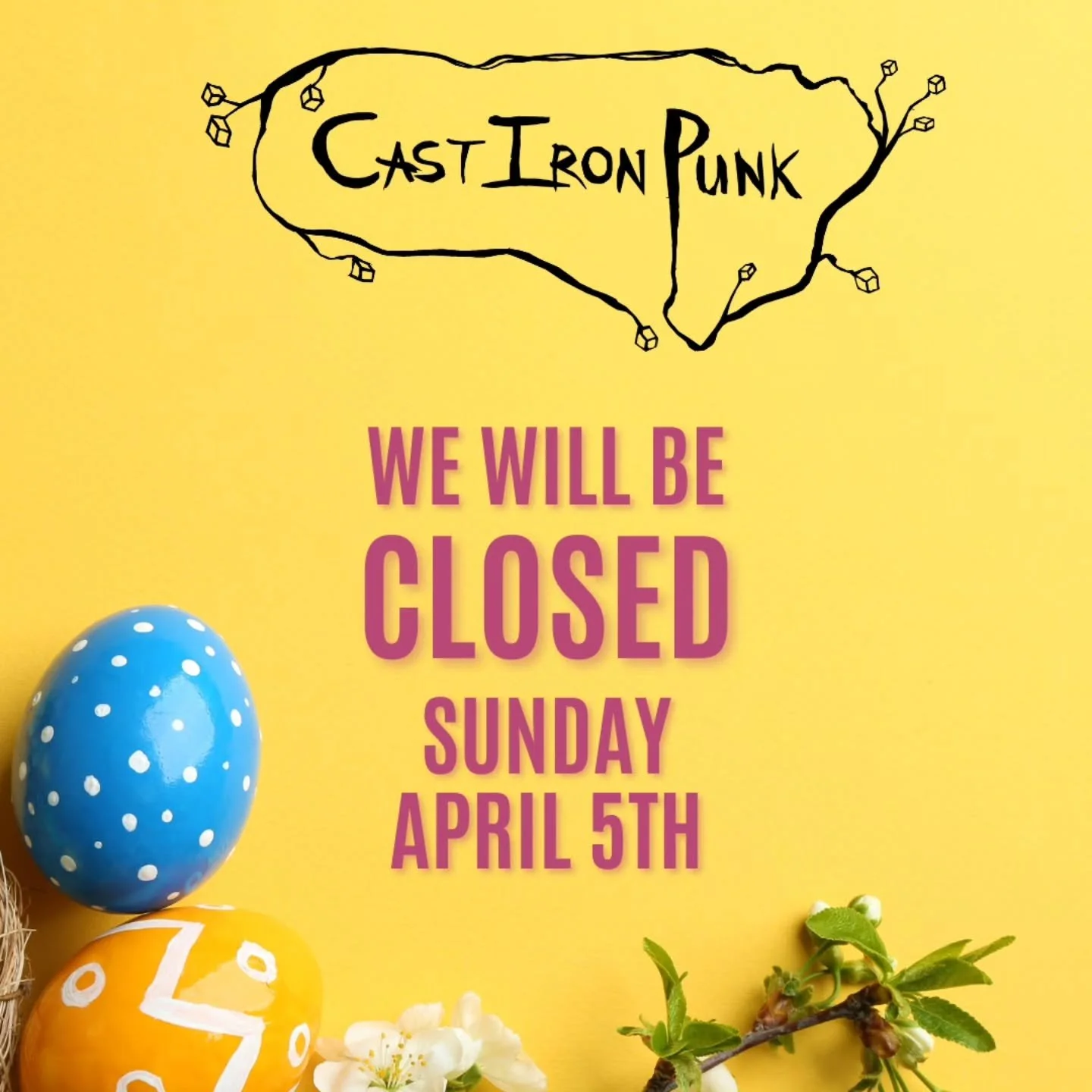Hey everyone we will be closed Sunday, April 5th for the holiday! We will be open Saturday, April 4th from 10am - 6pm. We will see you Saturday and have a happy holiday!🐰

Online ordering is available!
https://order.toasttab.com/online/cast-iron-pun