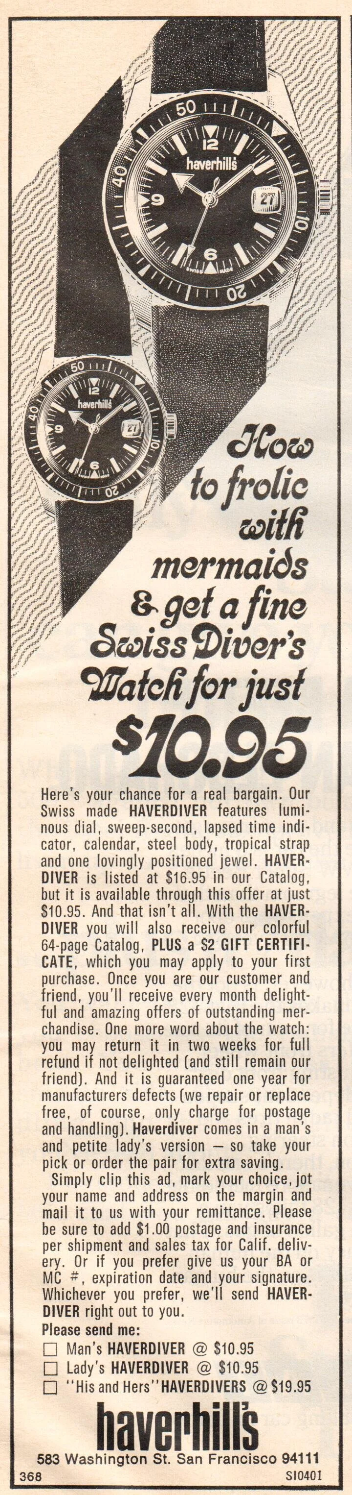An ad for one of the many 1970s pin-lever divers branded by many companies.
