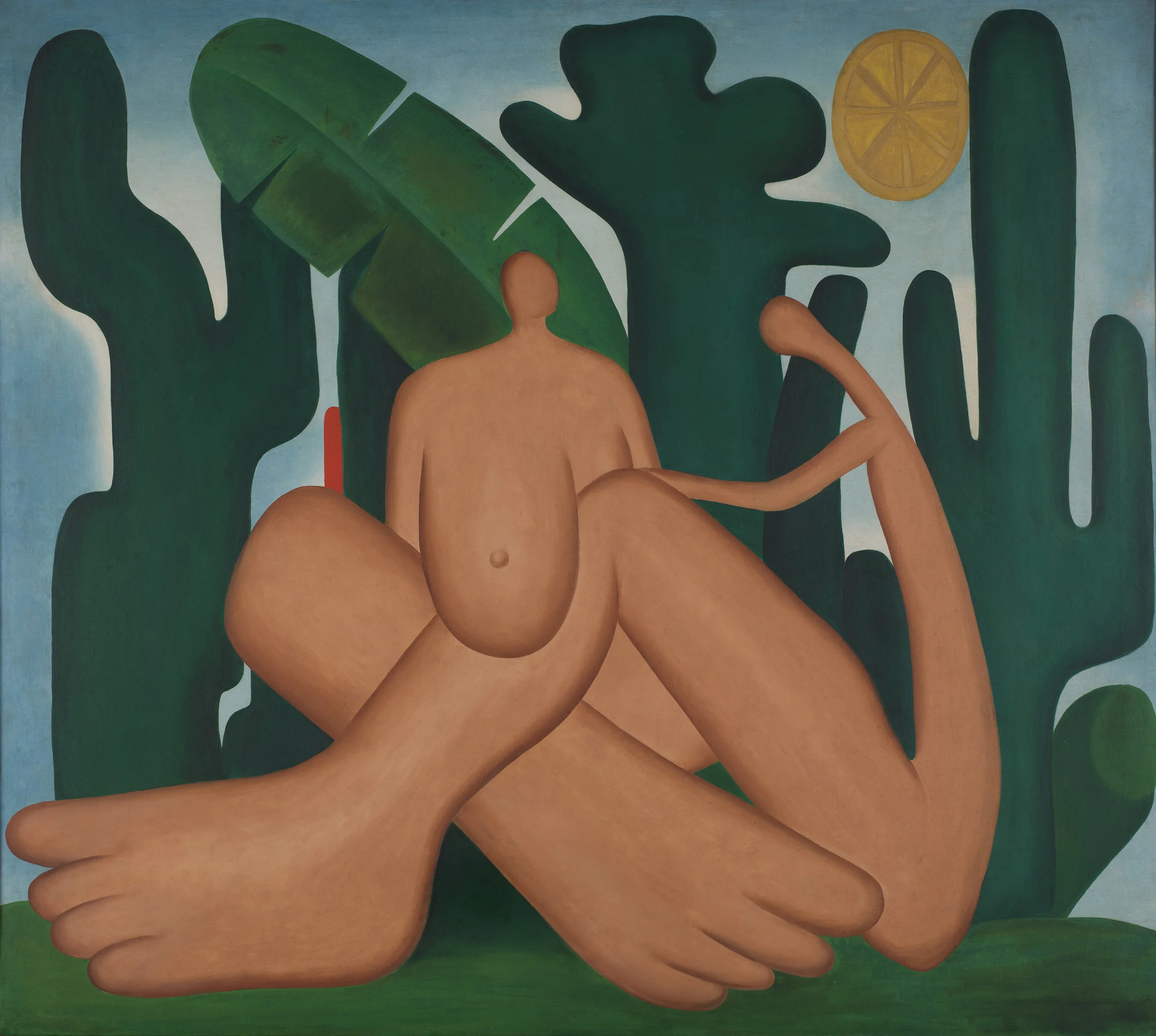 Tarsila do Amaral. Anthropophagy (Antropofagia), 1929. Oil on canvas. 49 5/8 x 55 15/16 in. (126 x 142 cm). Acervo da Fundação Jose e Paulina Nemirovsky, em comodato com a Pinacoteca do Estado de São Paulo. © Tarsila do Amaral Licenciamentos.