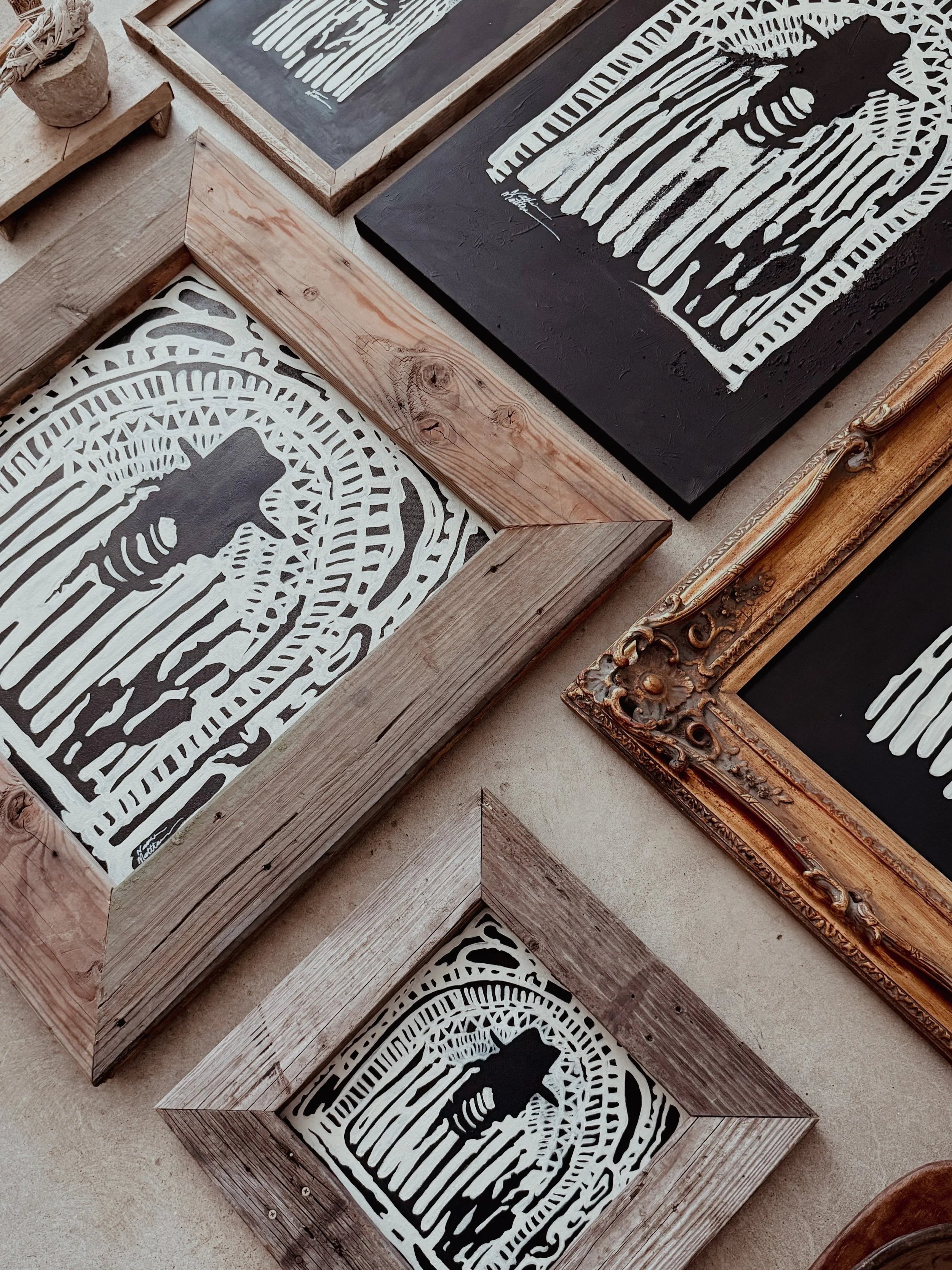 Five paintings from the Black &amp; Bone Collection are leaving my home studio tomorrow. They&rsquo;ll be hanging at @stallionsteakhouse. Love seeing these all together and finished. 

Five originals. 
Different sizes. 
All numbered.

🖤

xxoo

#Josh