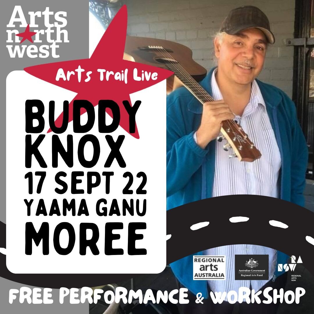 Snag your spot with the incredible Buddy Knox! This is a FREE 'Sing a Song With Me' workshop with Buddy, and a performance at Moree's @yaamaganugallery on Saturday, 17 September from 10AM-3PM. Open to ages 12 and up. 
booking: artsnw.com.au/arts-trai
