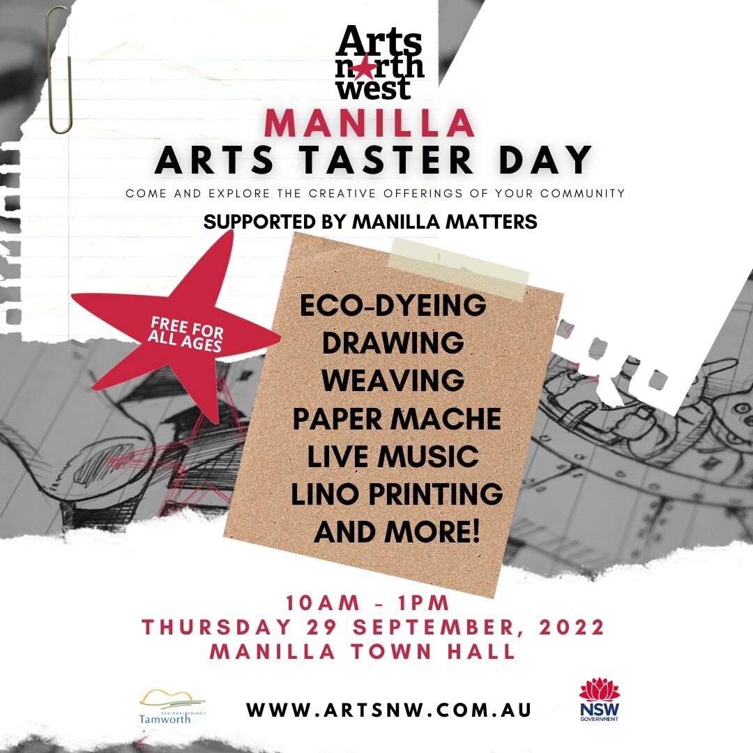 Come and explore the creative offerings of the Manilla community!

Arts North West is setting up shop in the Manilla Town Hall for a morning of FREE arts activities on Thursday 29 September @ 10am

Come and get your hands dirty and minds immersed in 