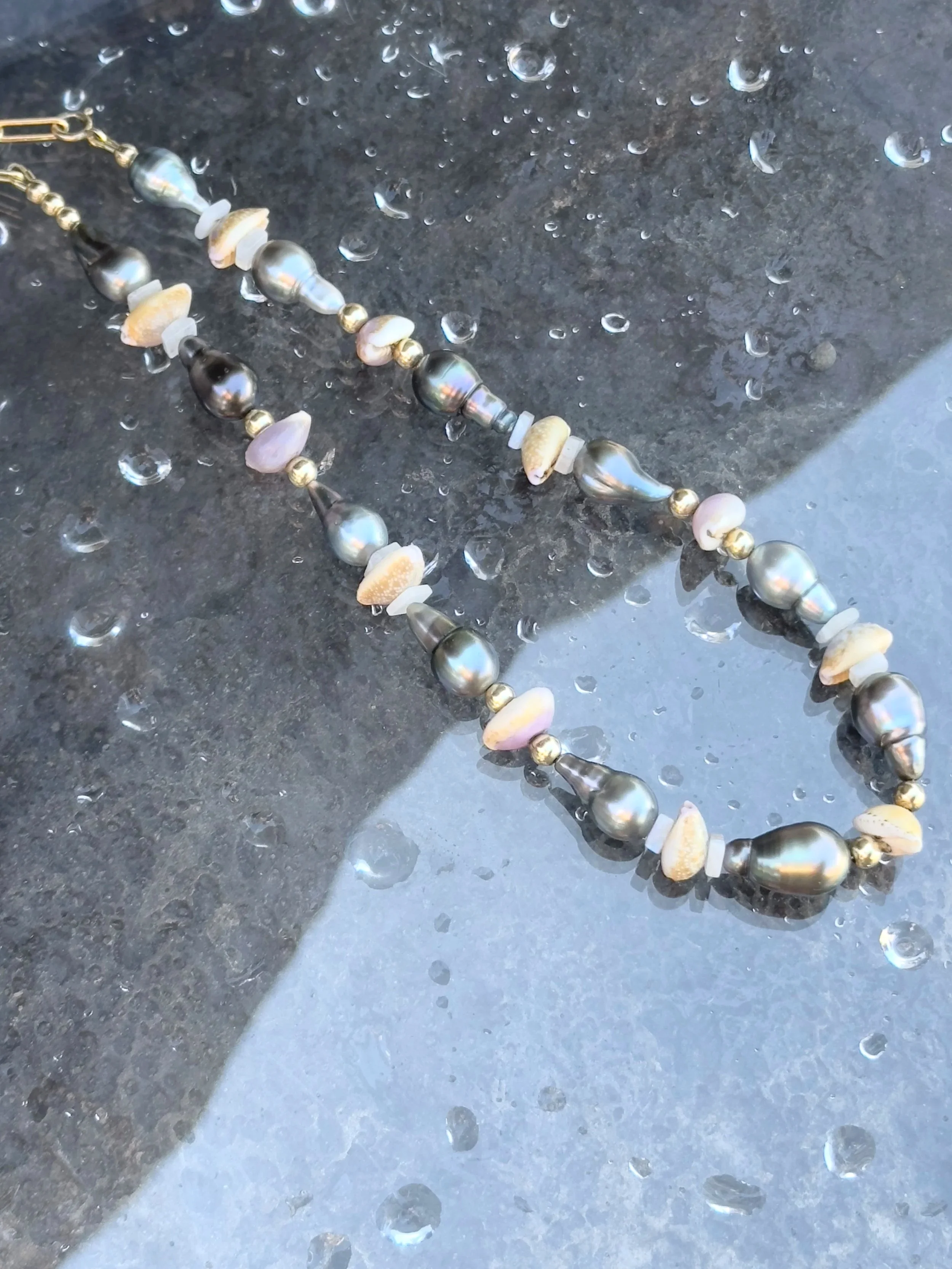 Elegant Cowrie Drop Tahitian Pearl Moonstone Necklace (Full Strand) with handcrafted 14k gold fill or sterling silver beads and natural Maui shells.
