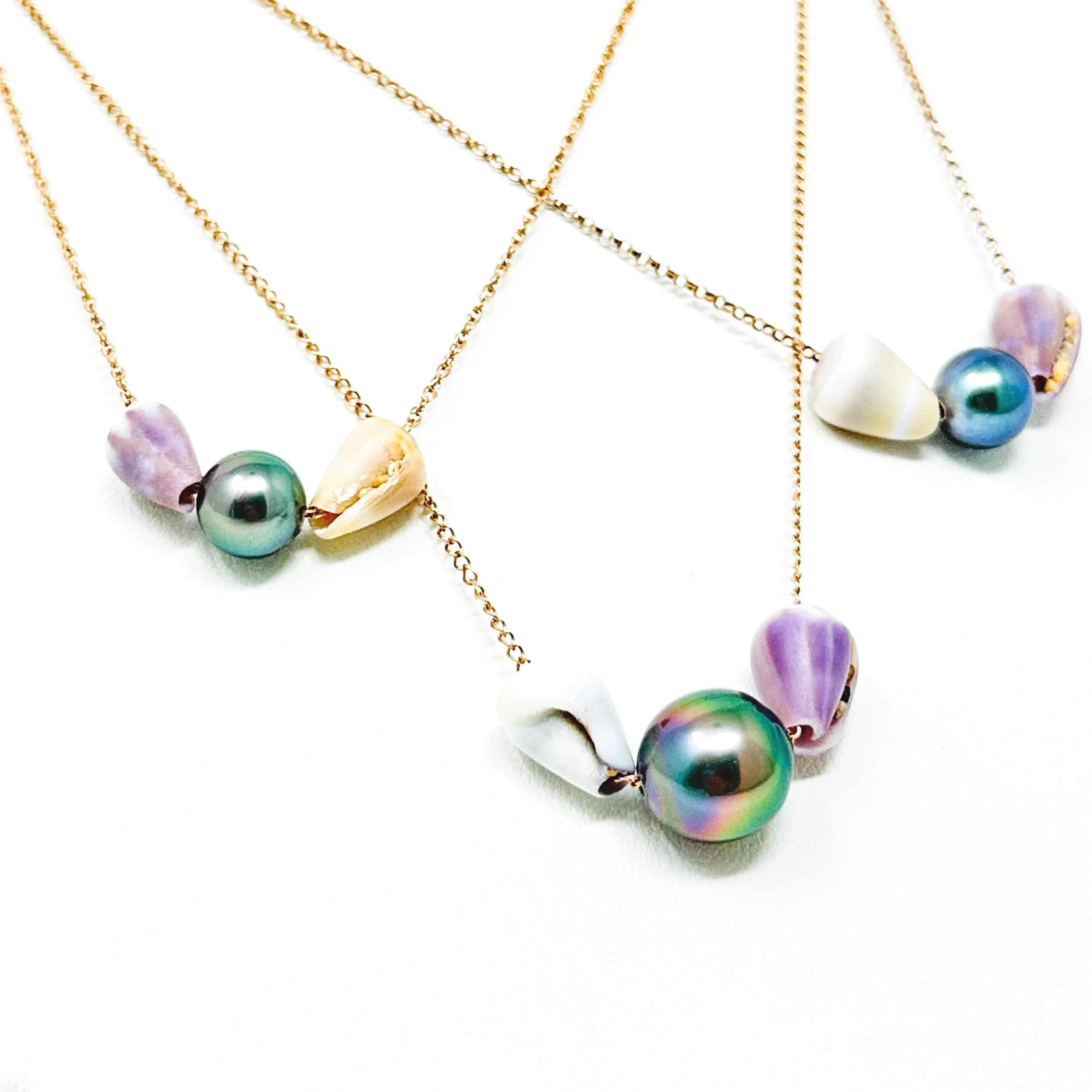 Handcrafted Cone Shell + Peacock Tahitian Pearl Necklace, Maui-made ocean-inspired jewelry