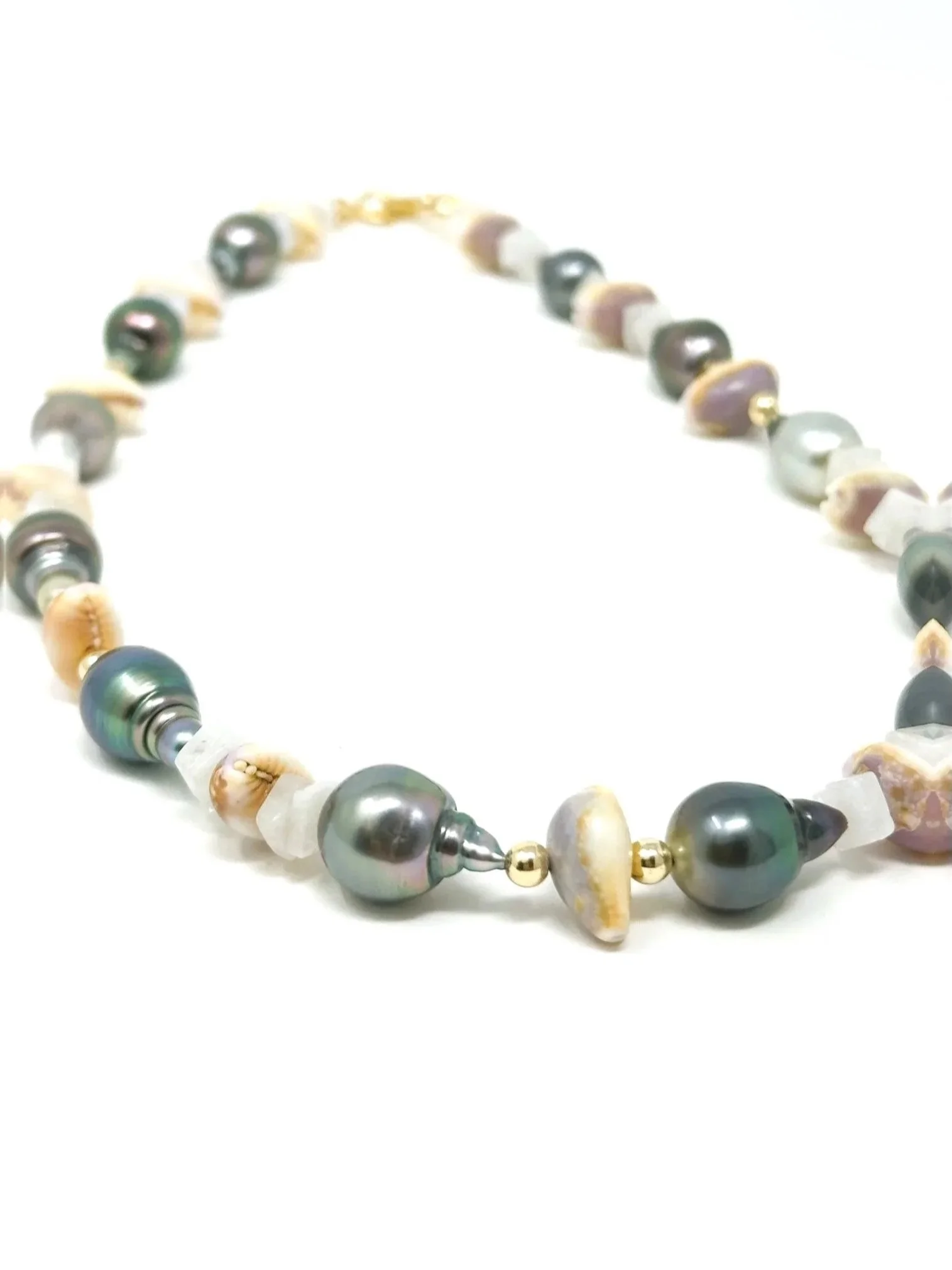 Cowrie Drop Tahitian Pearl Moonstone Necklace, handpicked cowrie shells, rainbow moonstone, unique pearls, handmade Maui jewelry.