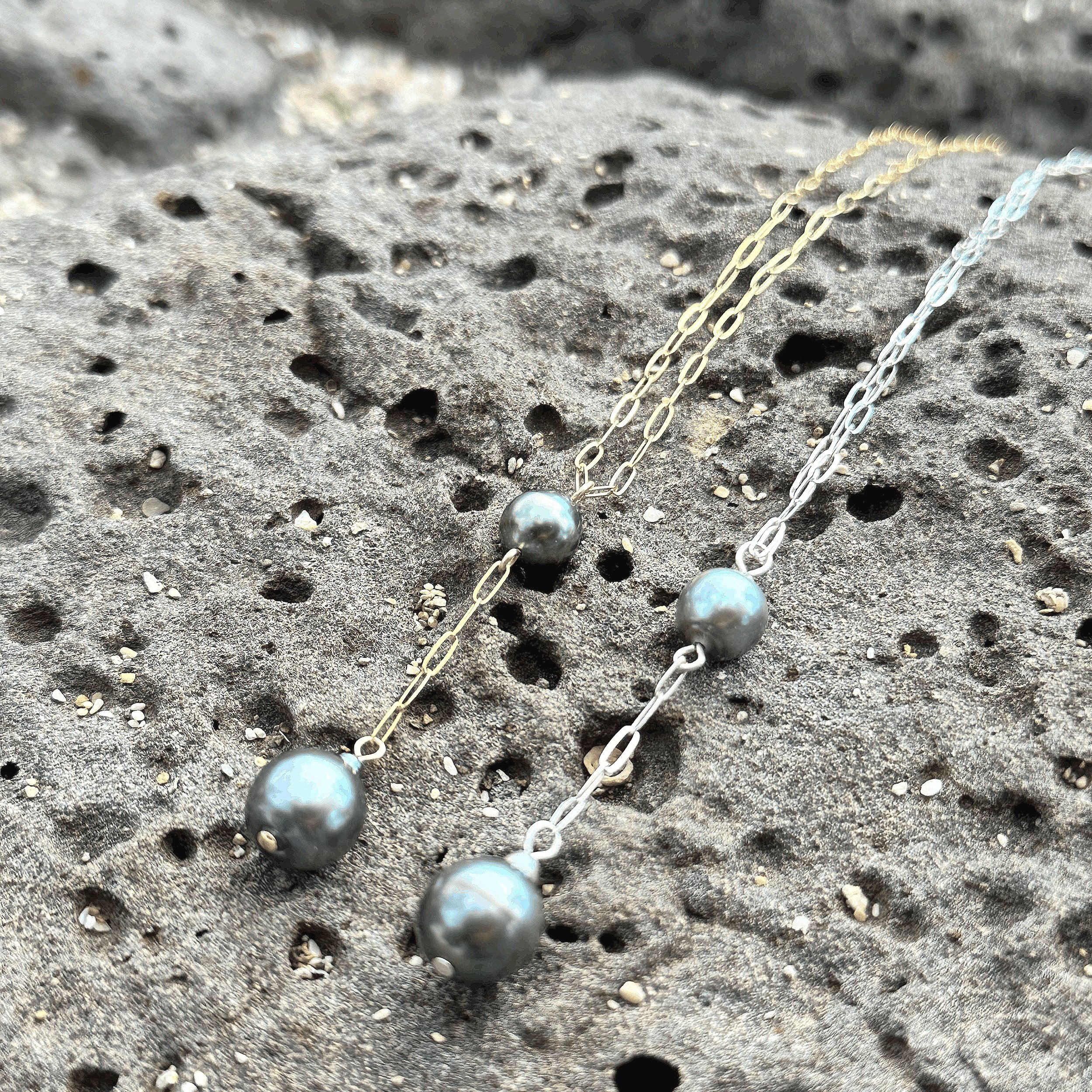 Double Tahitian Pearl Paperclip Necklace - Features 8-9mm and 10mm Tahitian Pearls on an 18-inch chain in 14 KT Gold Fill or Sterling Silver.
