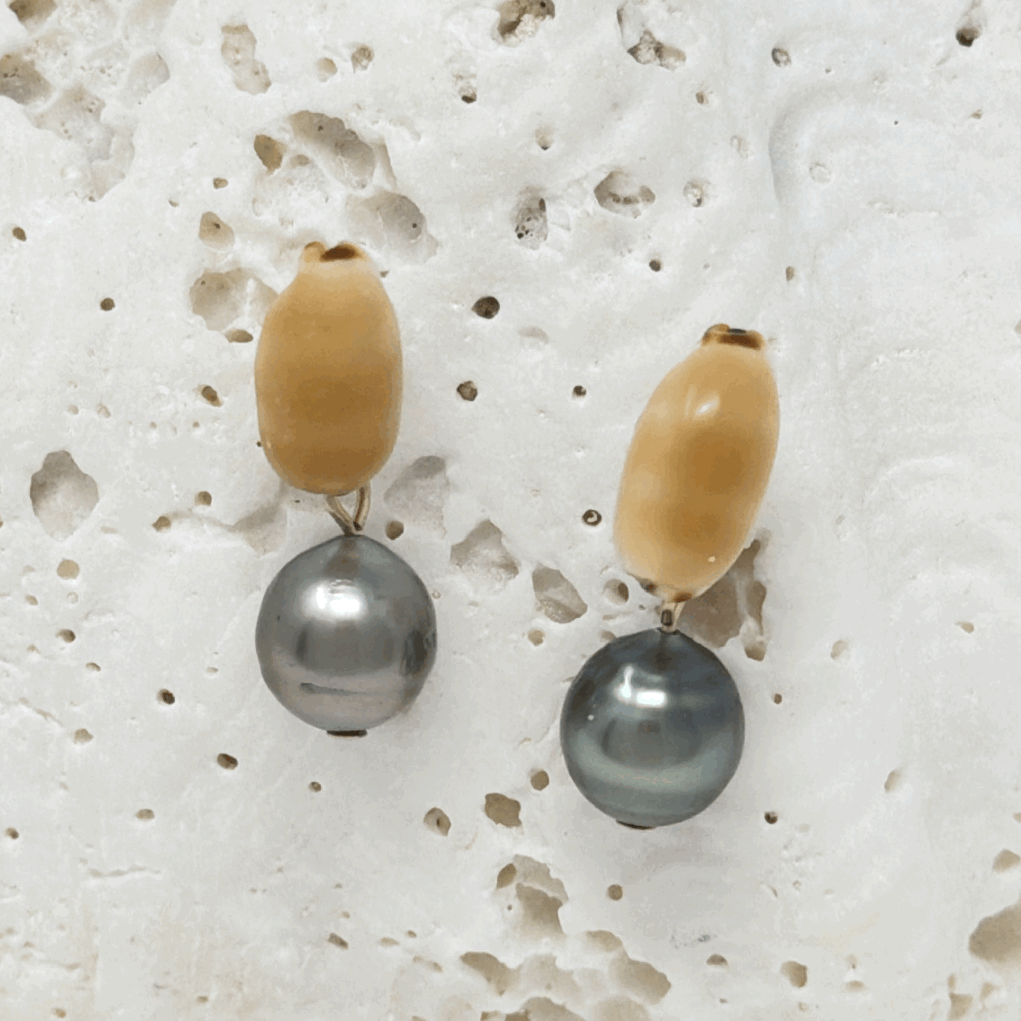Tahitian Pearl & Cowrie Shell Stud Earrings | Handmade Hawaiian Earrings | 14K Gold Fill
