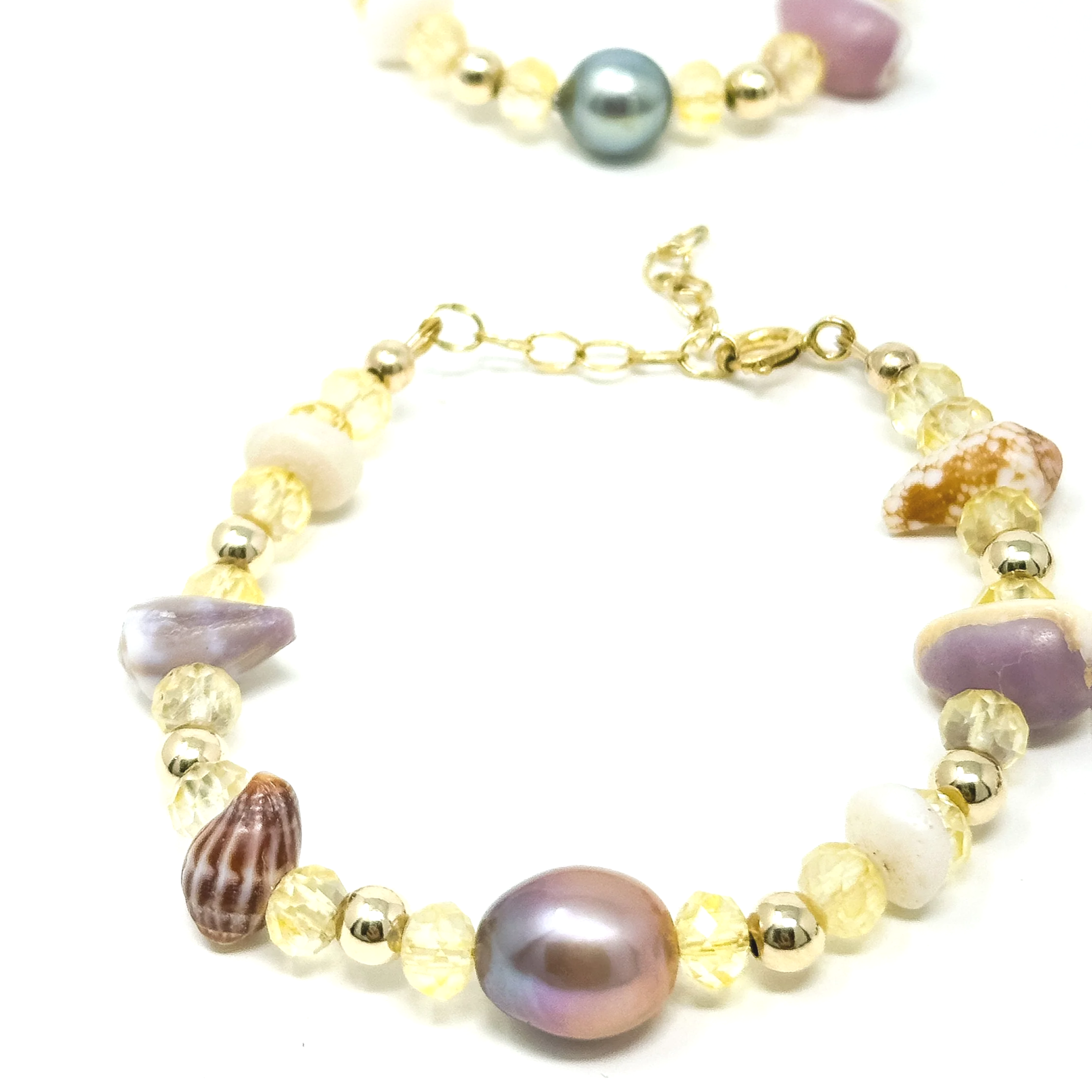 Pink Edison pearl bracelet with thick gemstone chunks and Maui beachcombed shells