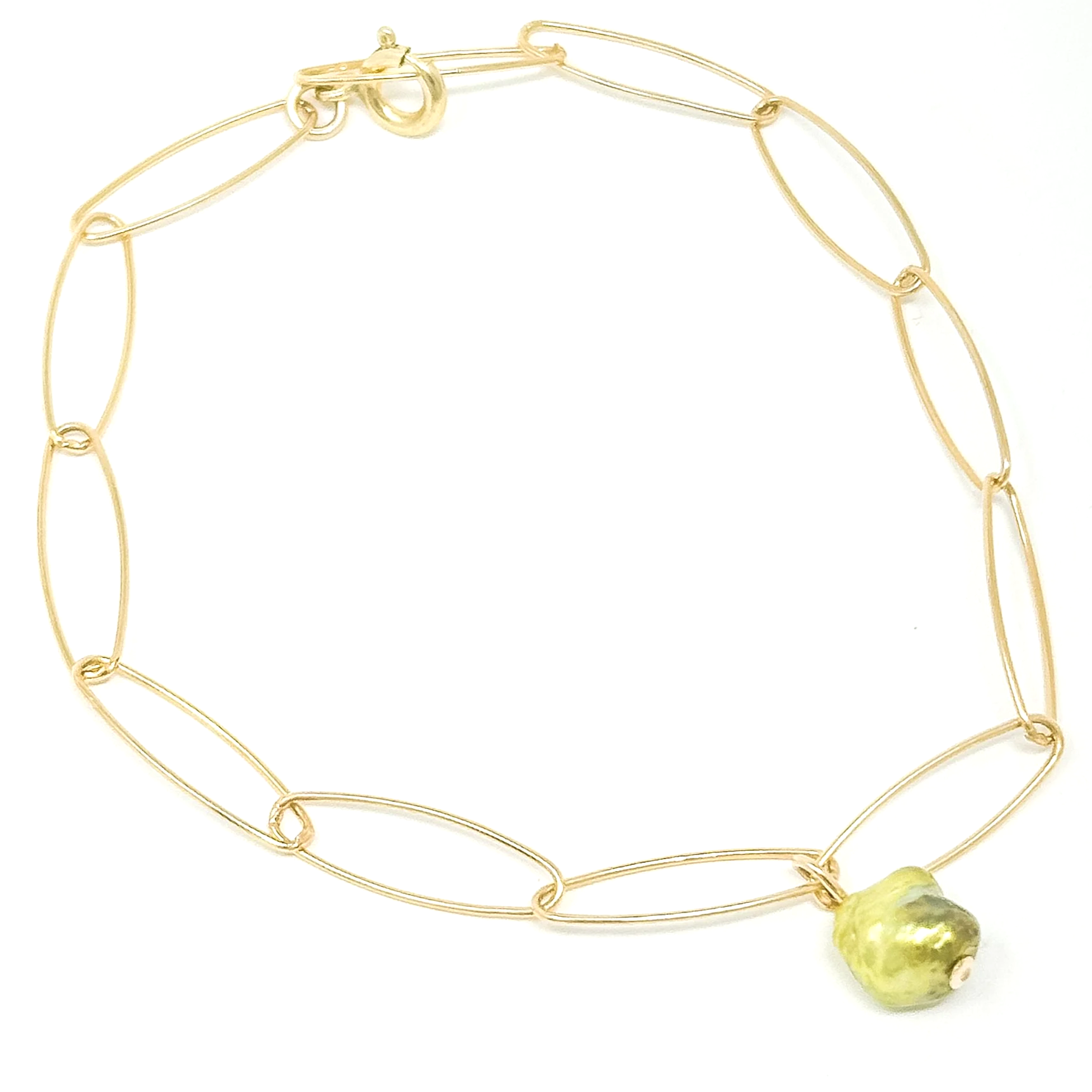 Handmade 14K gold filled bracelet with pistachio Keshi pearl charm, lightweight, waterproof, and one-of-a-kind.