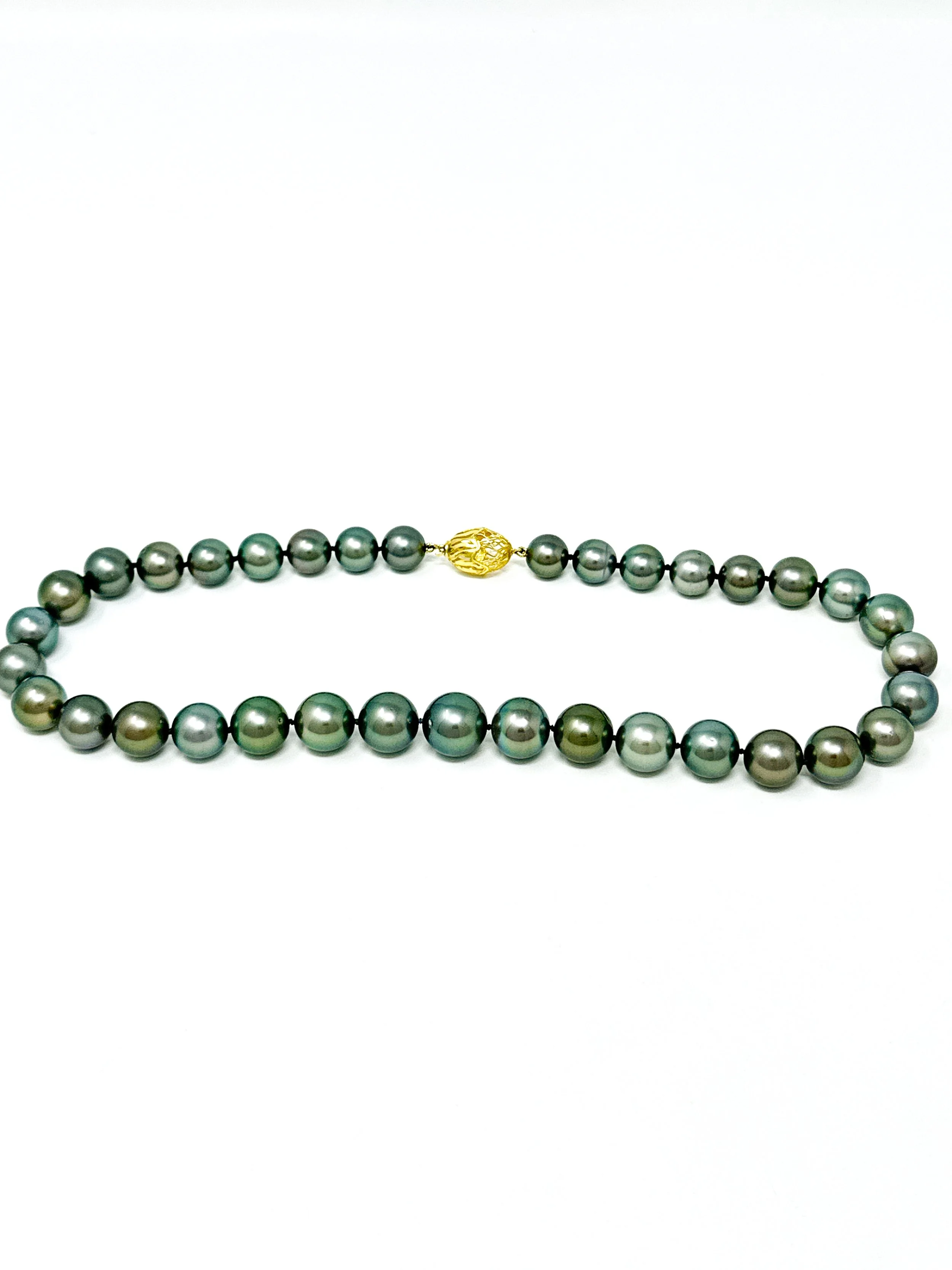 Tahitian pearl strand necklace showing silk hand-knotted spacing and natural drape