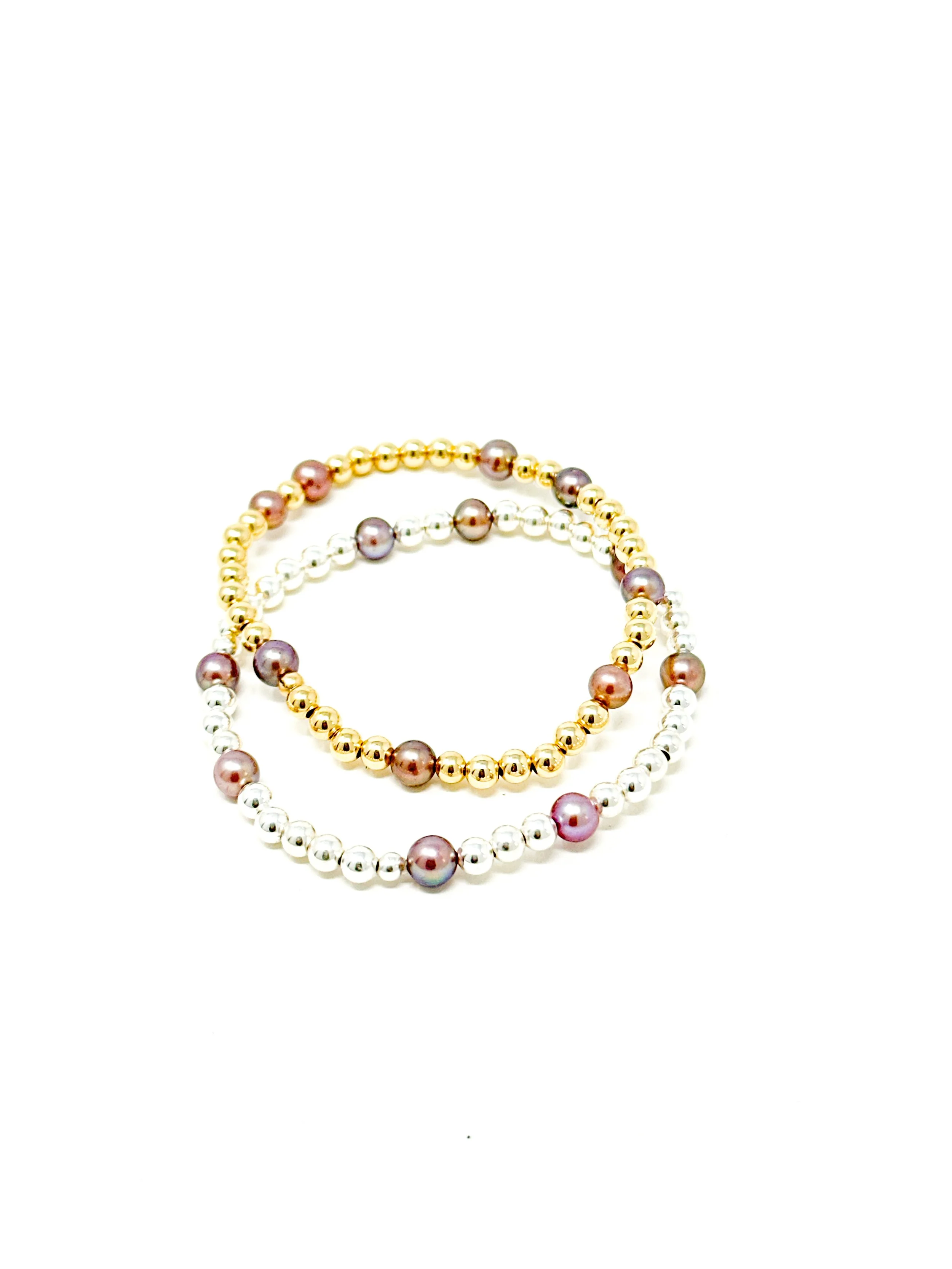 Elegant Edison Keshi pearl bracelet in dark pink and mauve. Stretchy, lightweight, and stackable with 14K gold fill or sterling silver beads — perfect for minimalist jewelry lovers.