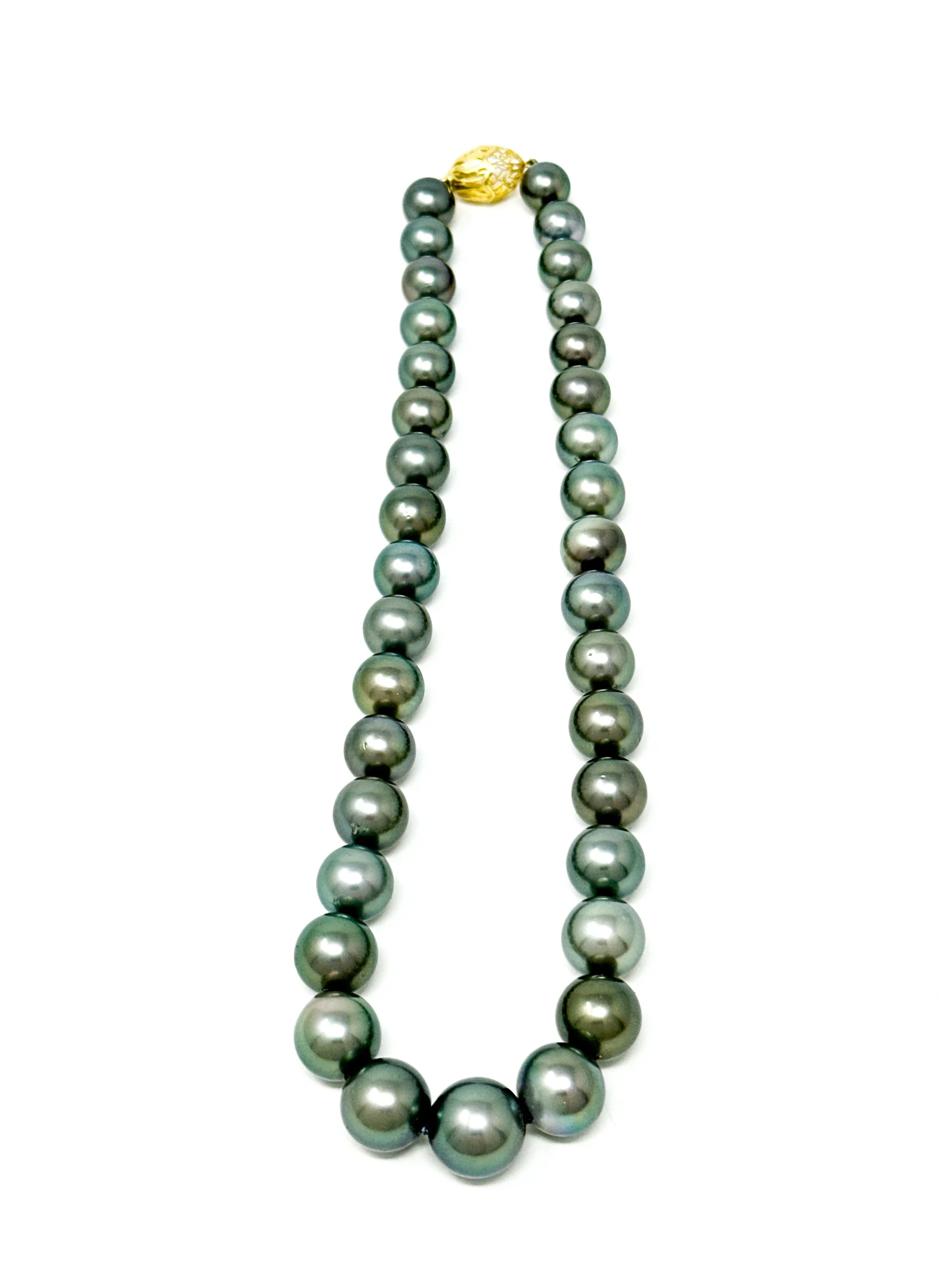 Tahitian near-round silver luster pearl strand necklace 10–14mm with 14K gold filigree clasp
